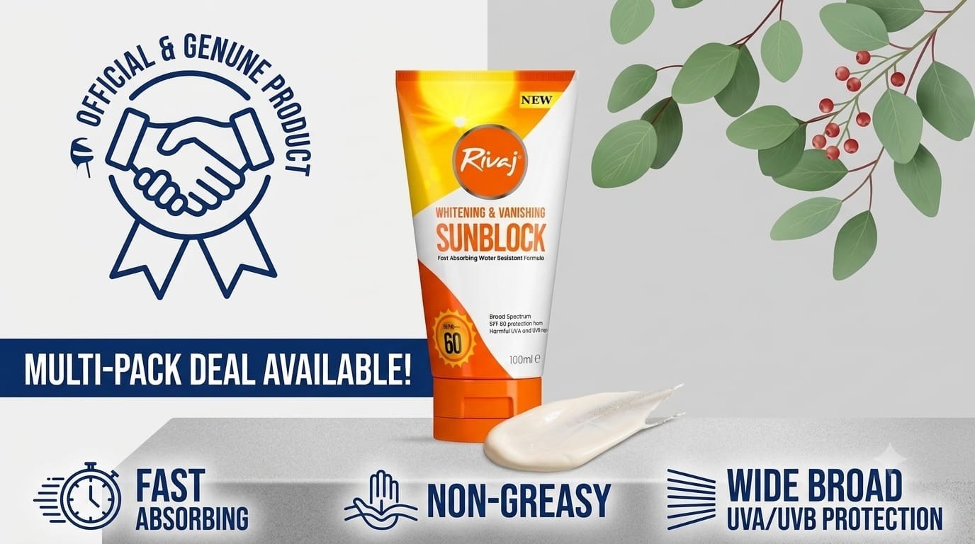 Rivaj UK – Whitening and Vanishing Sunblock SPF60 – 100ml DDP Shipping