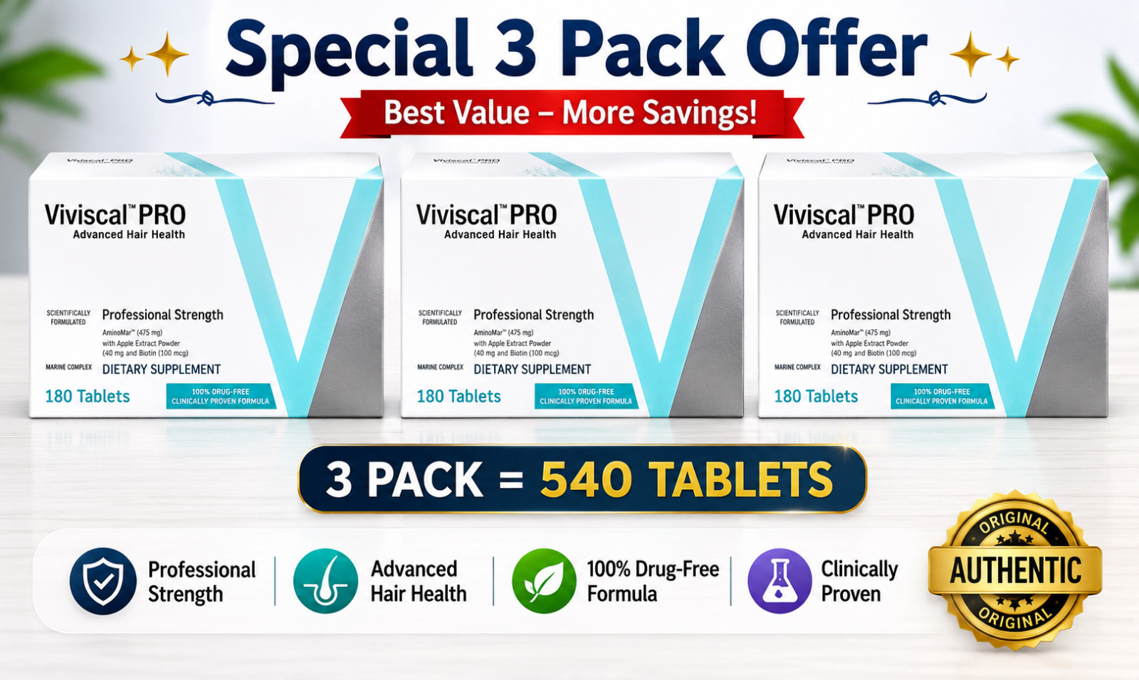 3 Pack of VIVISCAL PRO – Professional Hair Growth Tablets 540 Exp. 12/2027