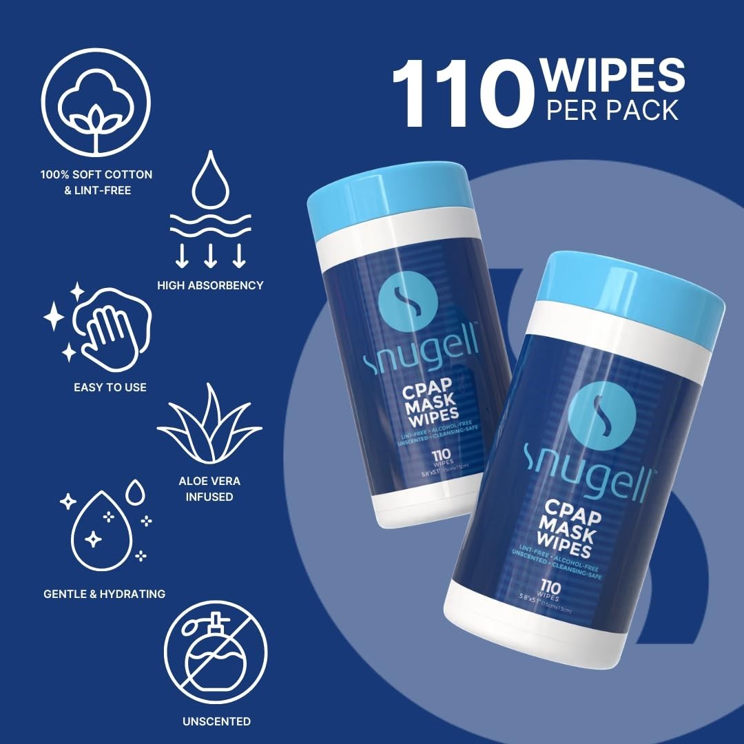 Snugell Unscented CPAP Mask Wipes – 110 Count –100% Soft Cotton – Lint & Alcohol