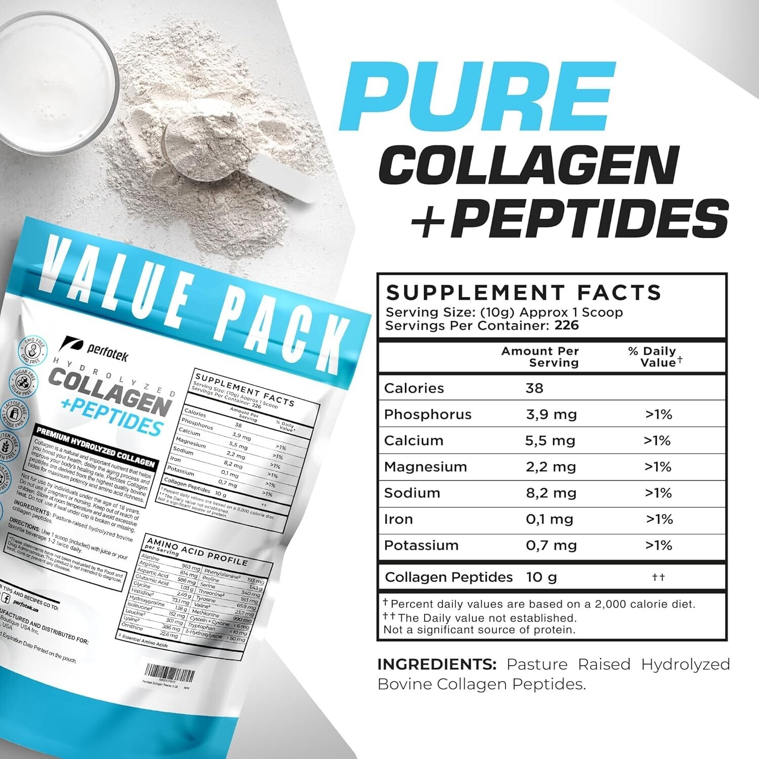 Perfotek Collagen Powder for Women Men (5Lb) Types I-III Unflavored Easy to Mix