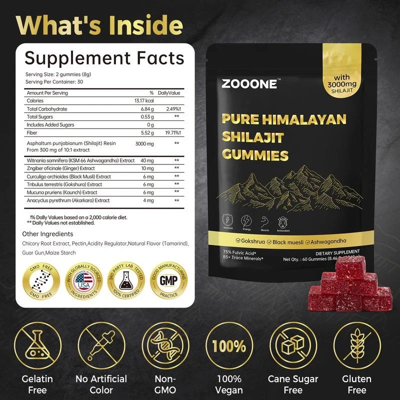 ZOOONE Shilajit Gummies 60 Count 3000mg Himalayan Gold Energy Support
