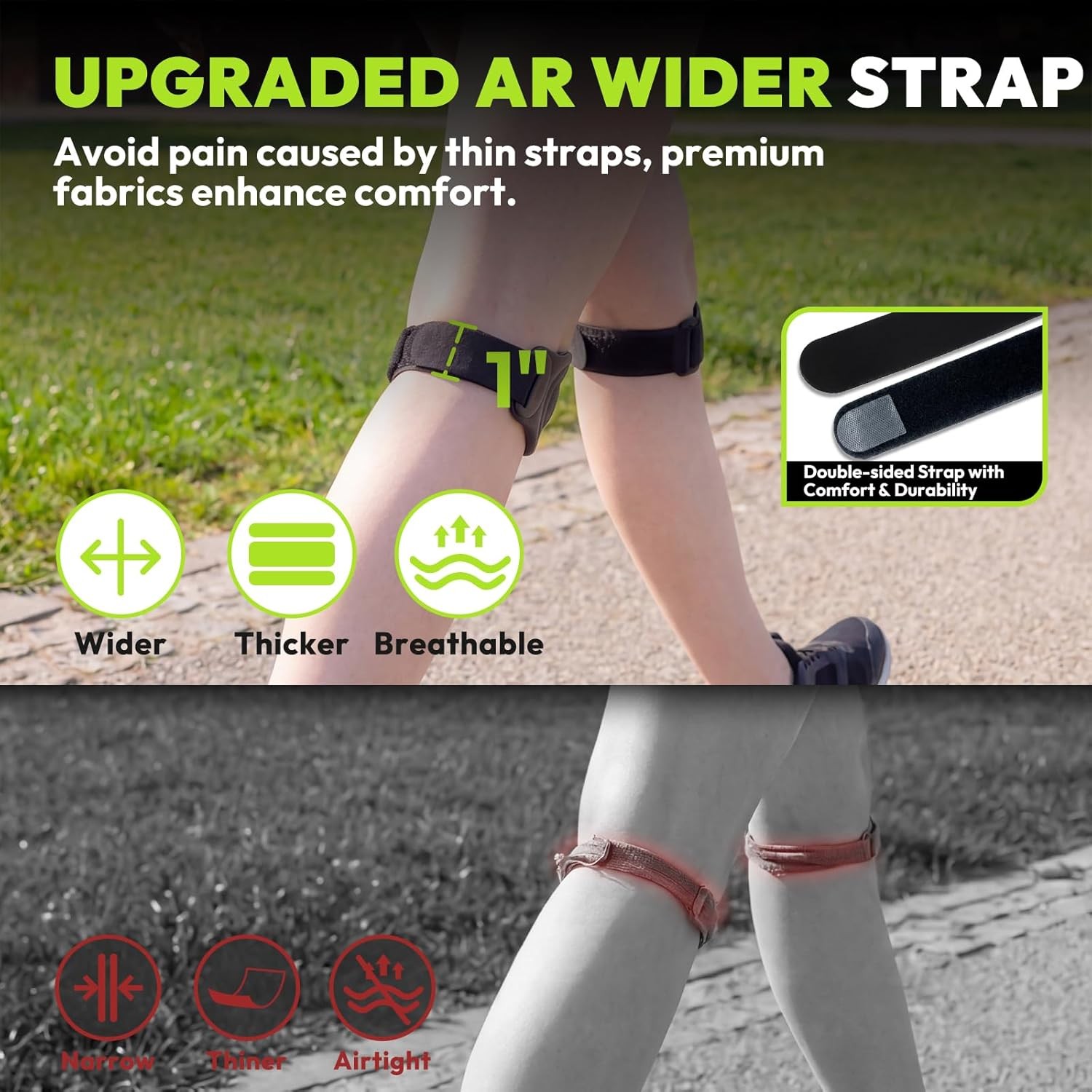 2 Pcs Patellar Tendon Support Strap, Silicone Knee Brace Adjustable, Pain Relief