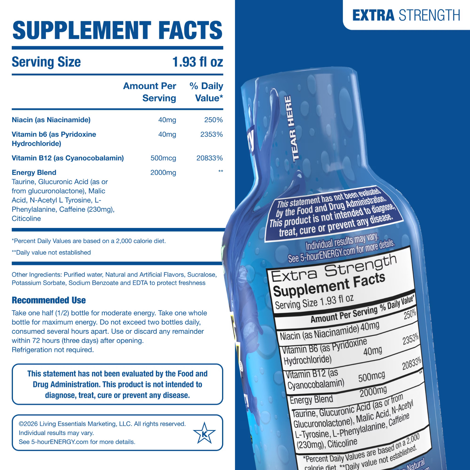NEW 2 pack 5-hour ENERGY Shot, Extra Strength, Blue Raspberry, 30 Count