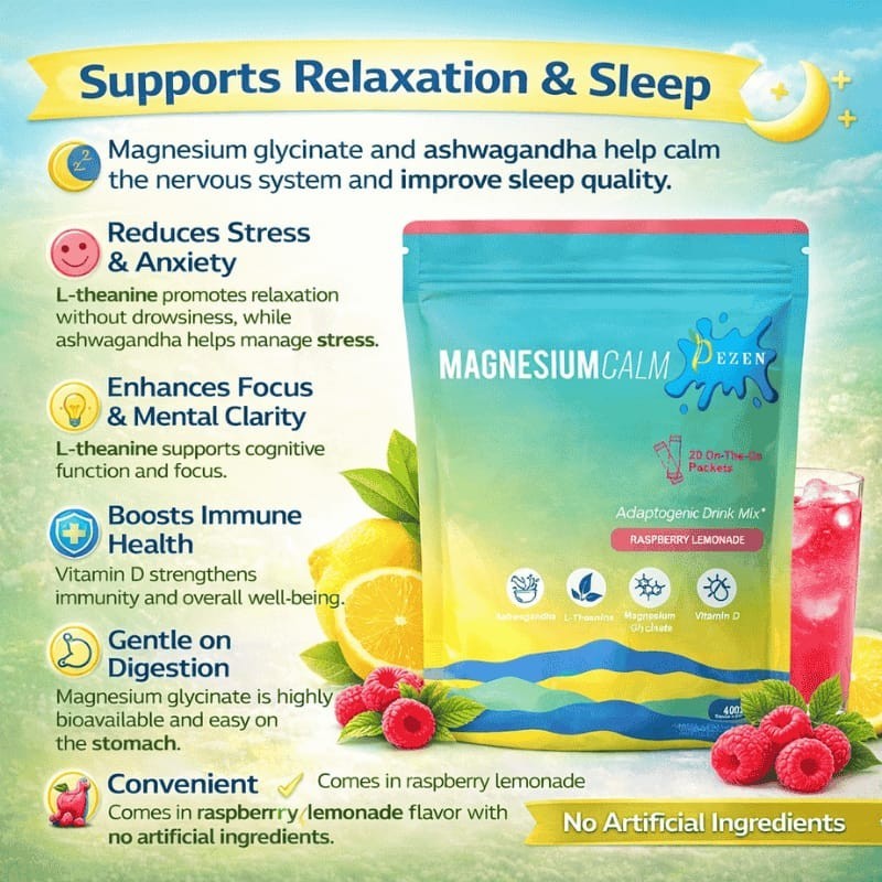 DEZEN Super Calm Magnesium Powder Drink Mix Raspberry Lemonade Flavor, 20 Sachet
