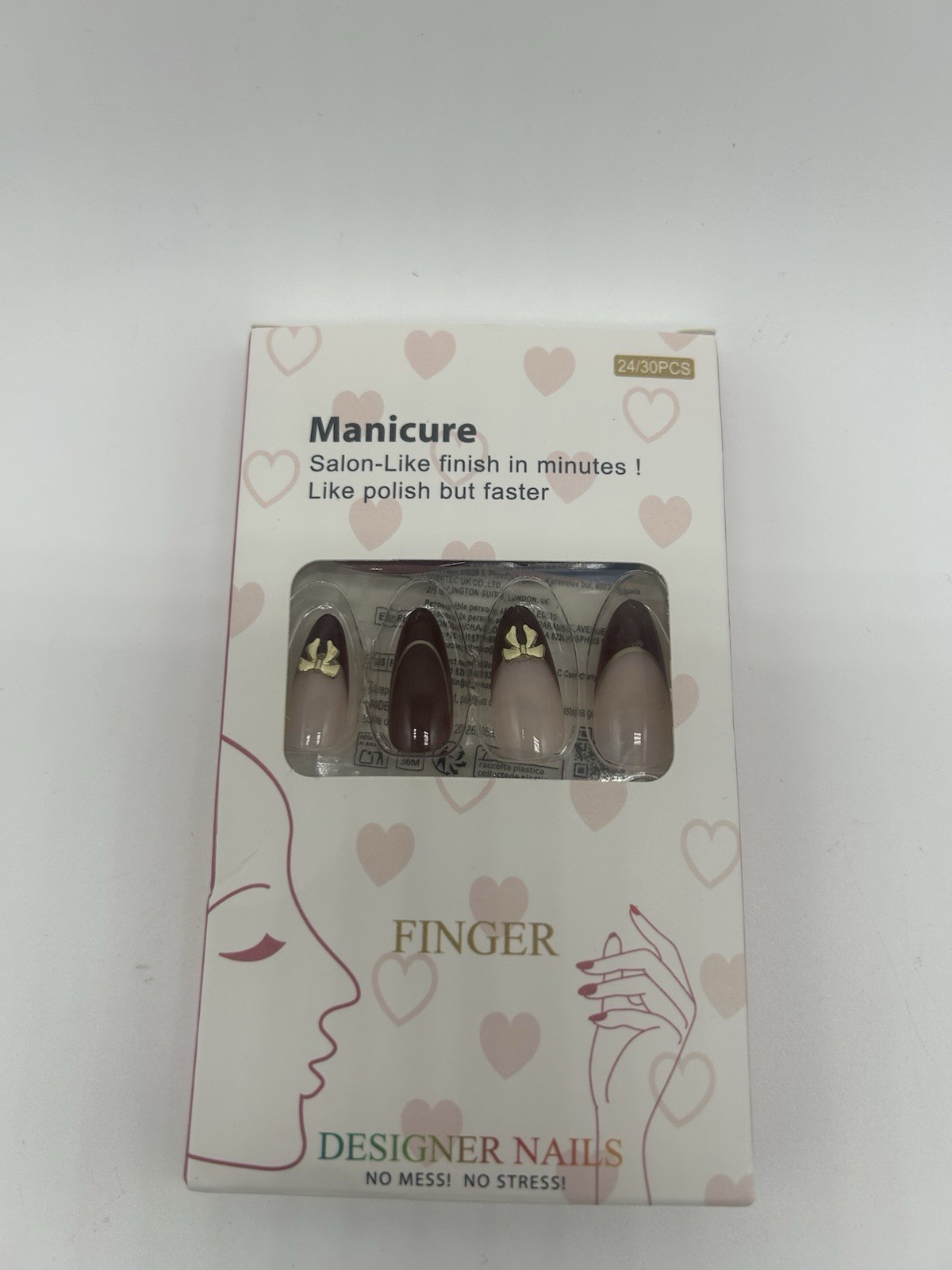 24pcs Medium Almond Press-On Nails Vintage Red/Gold Line French Y2K w/ Bow Decor