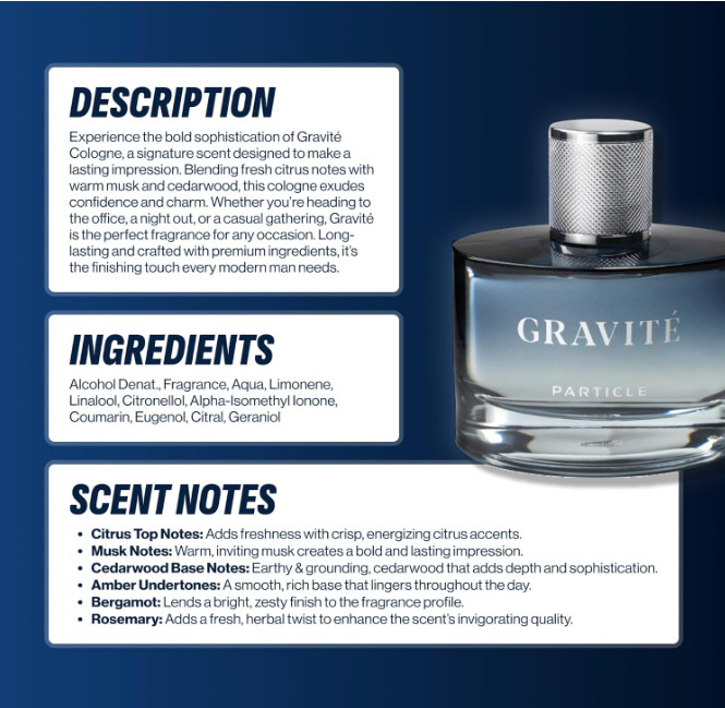 Particle Gravité Cologne Spray for Men Long Lasting Woody Citrus Musk 3.38 fl oz