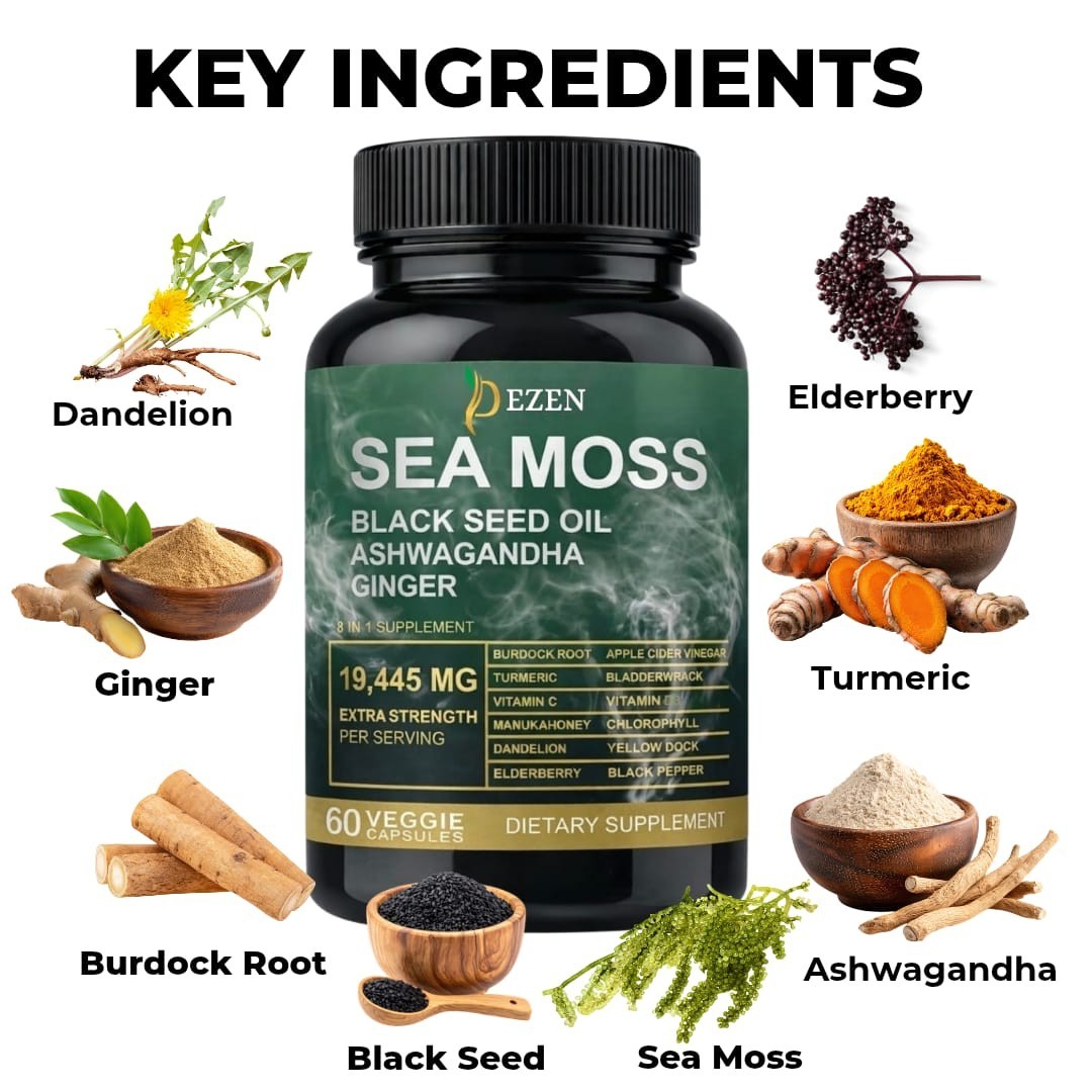 Sea Moss Capsules 19445mg with Black Seed Oil & Ashwagandha,Herbal Supplement