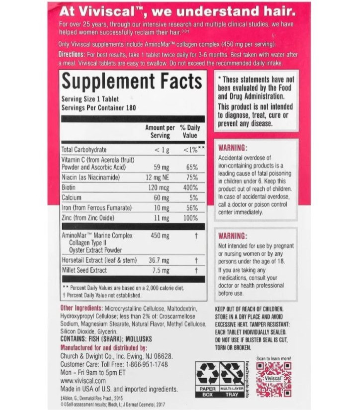 Viviscal Professional Hair Supplement Growth Tablets For Women 180 (Exp-07/2027)