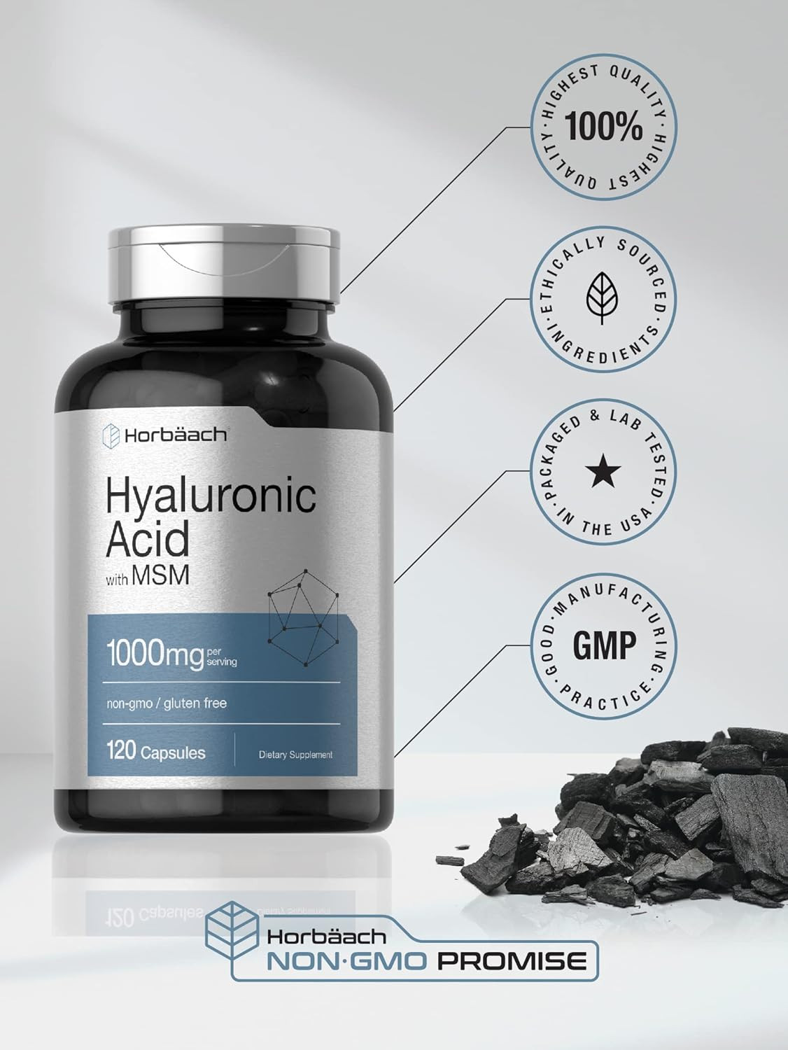 Hyaluronic Acid with MSM | 1000 mg | 120 Capsules | Non-GMO |Free Shipping