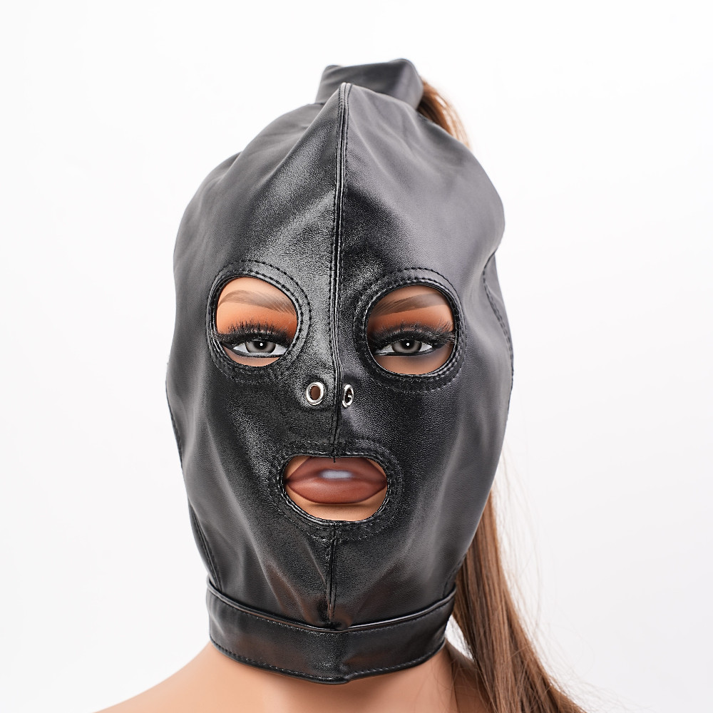 Adult Unisex PU Leather Gimp Head Harness Headgear Hood Party Mask Ponytail Wigs