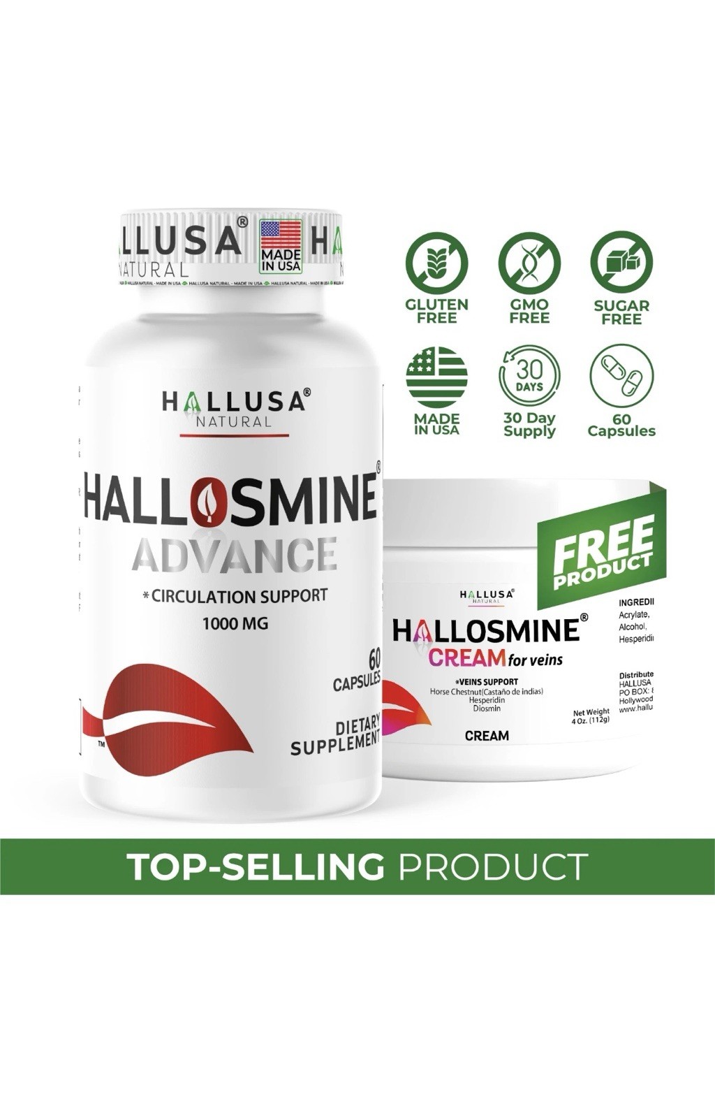 Hallusa Natural Hallosmine Advance 1000mg Diosmin 60 ct + FREE Leg Cream 4 oz