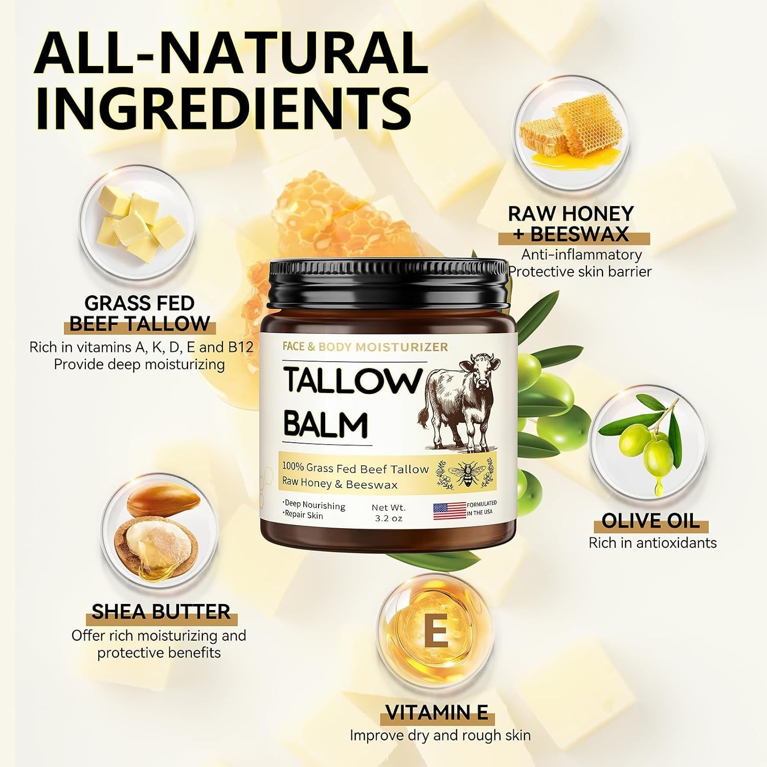 Veakoo Beef Tallow for Skin, Organic Whipped Tallow and Honey Balm, Grass Fed…