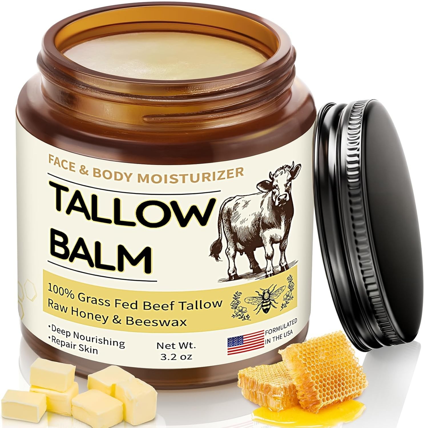 Veakoo Beef Tallow for Skin, Organic Whipped Tallow and Honey Balm, Grass Fed…