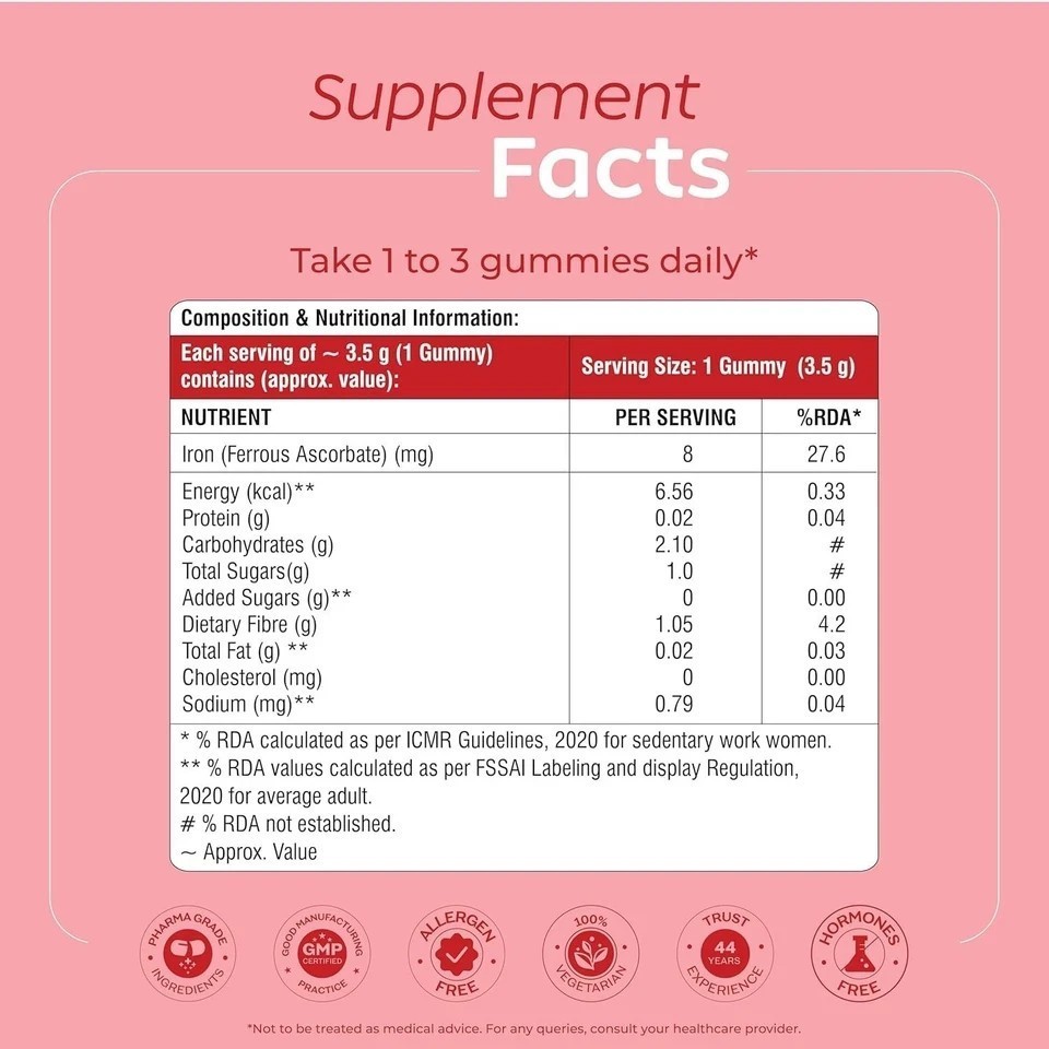 Arth Iron Gummies | Made in FDA Facilities | Ferrous Ascorbate & Folic Acid, 30N