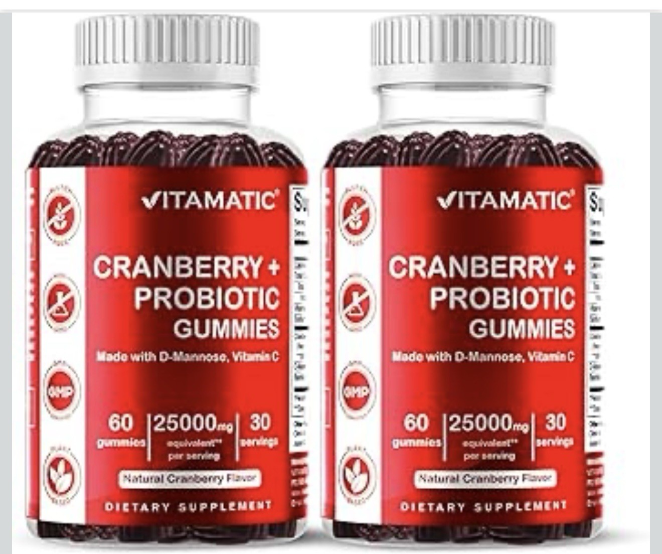 2 Pack – Vitamatic Vegan Cranberry Gummies, 25,000mg per Serving 60 Count 08/26