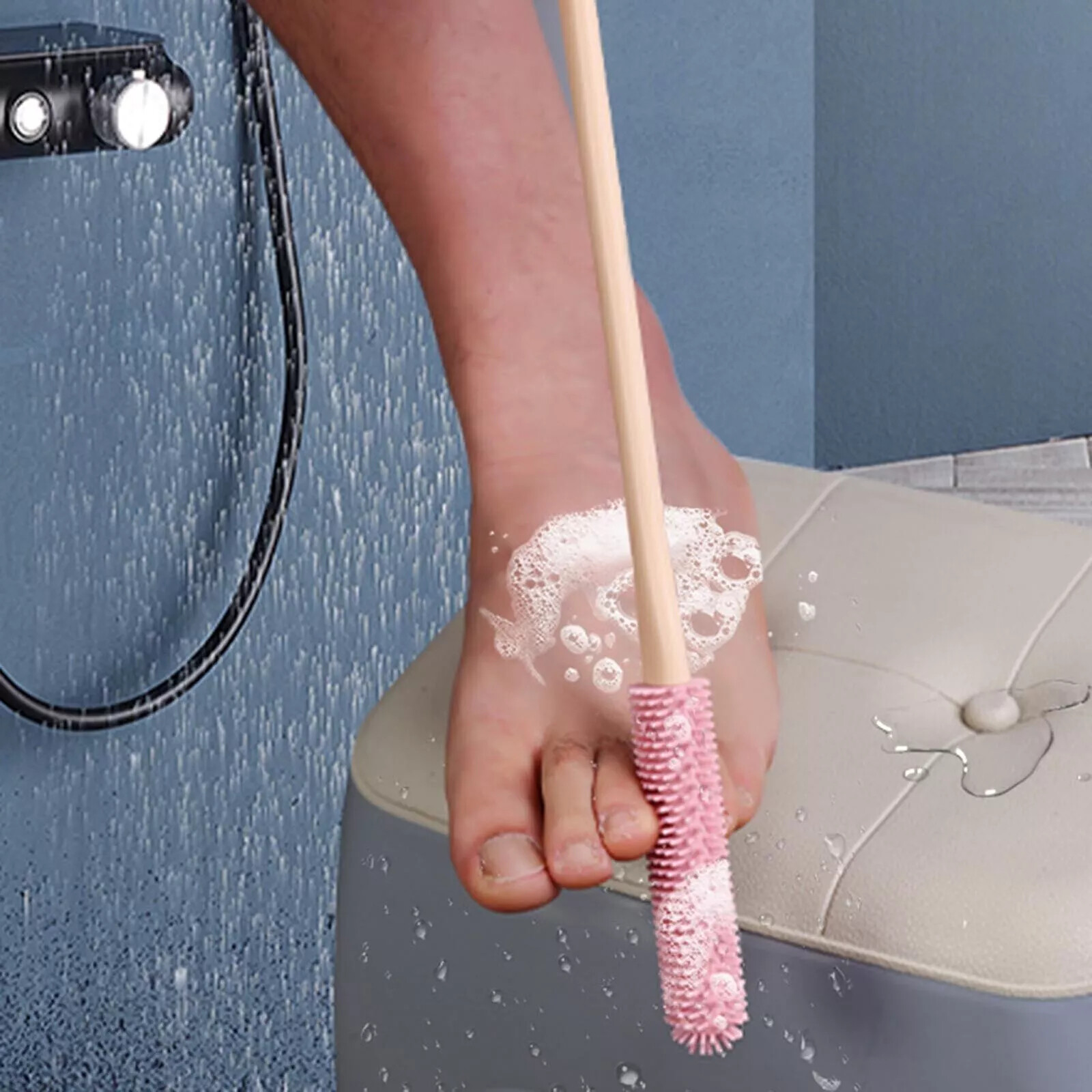 2× Toe Gap Cleaning Brush 15.7″ Foot Scrubber Silicone Shower Long Handle Brush