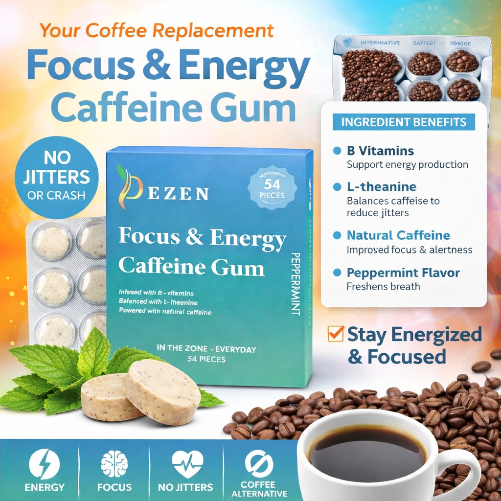 DEZEN Caffeine Energy Mint Gum Peppermint Flavor, 54 Pieces Fast Energy Boost