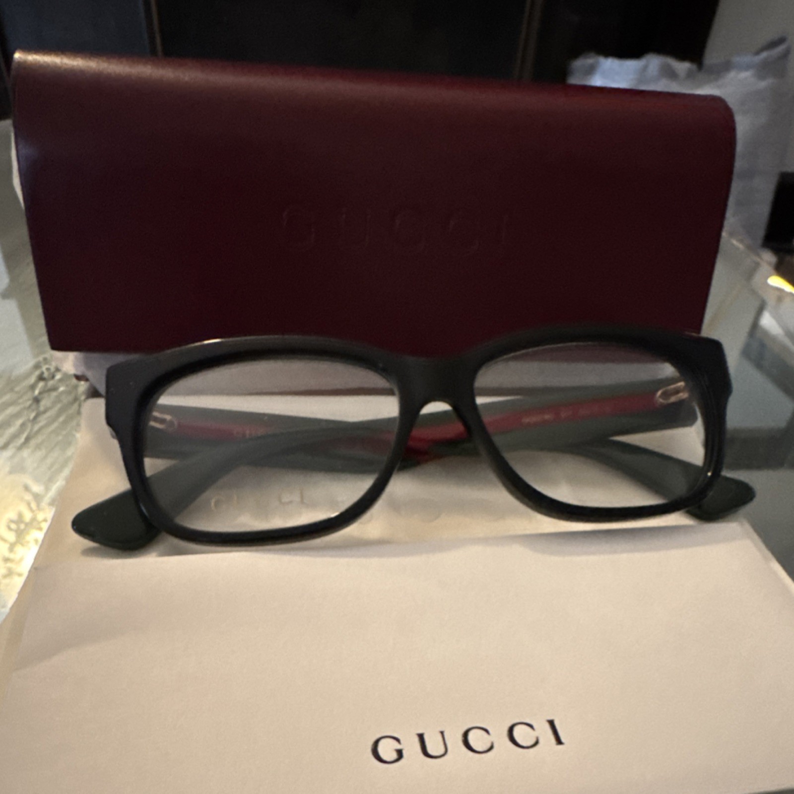 Gucci Black Green Red Square Plastic Full Rim Eyeglasses Frames Unisex Designer
