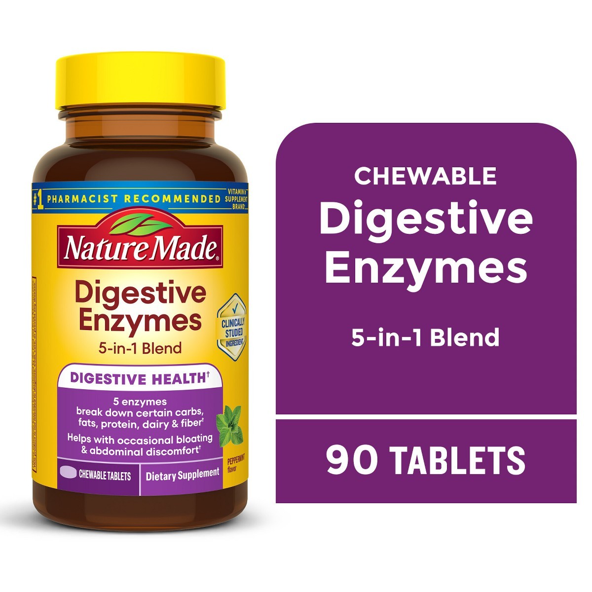 Nature Made Digestive Enzymes for Women and Men, 5-in-1 Blend Chewable – 90ct