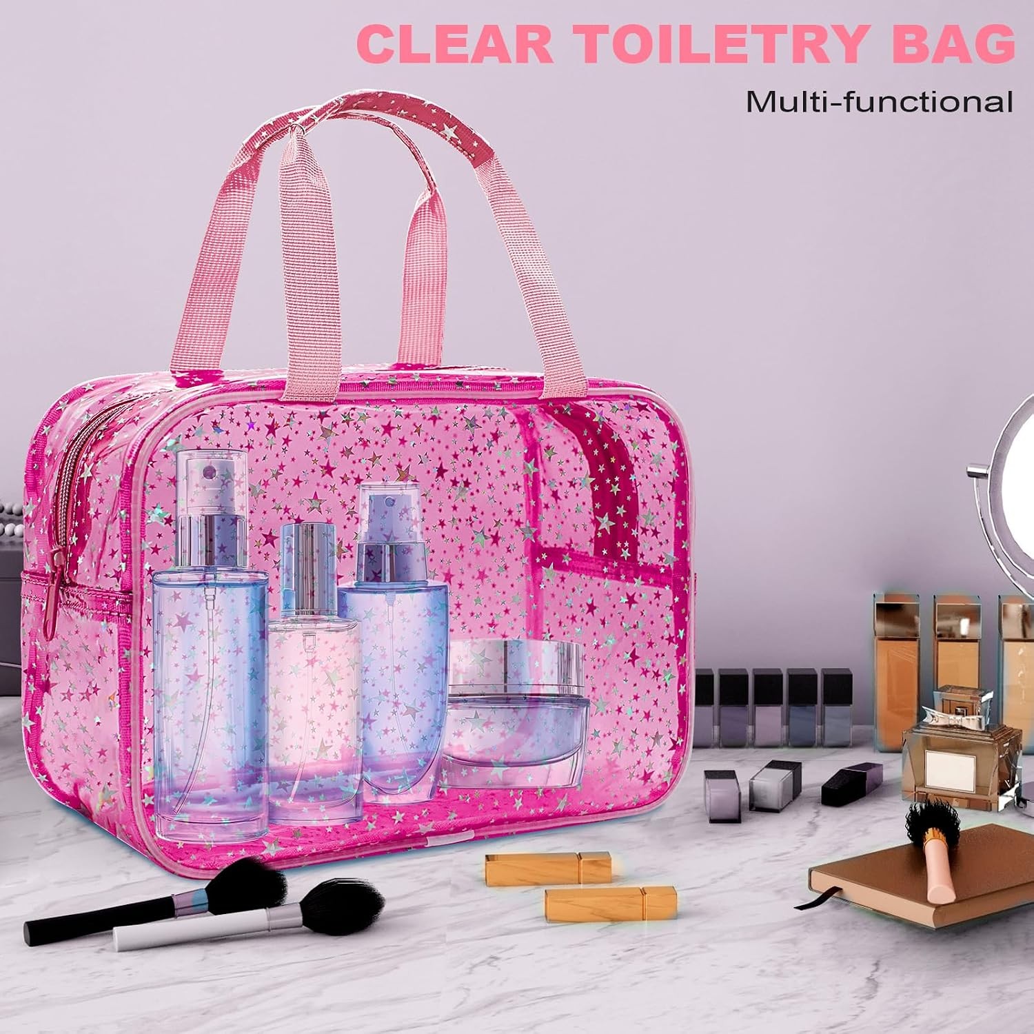 Clear Red Star Large Makeup Bag with Star Pattern12x5x8 inch,Travel Cosmetic Bag