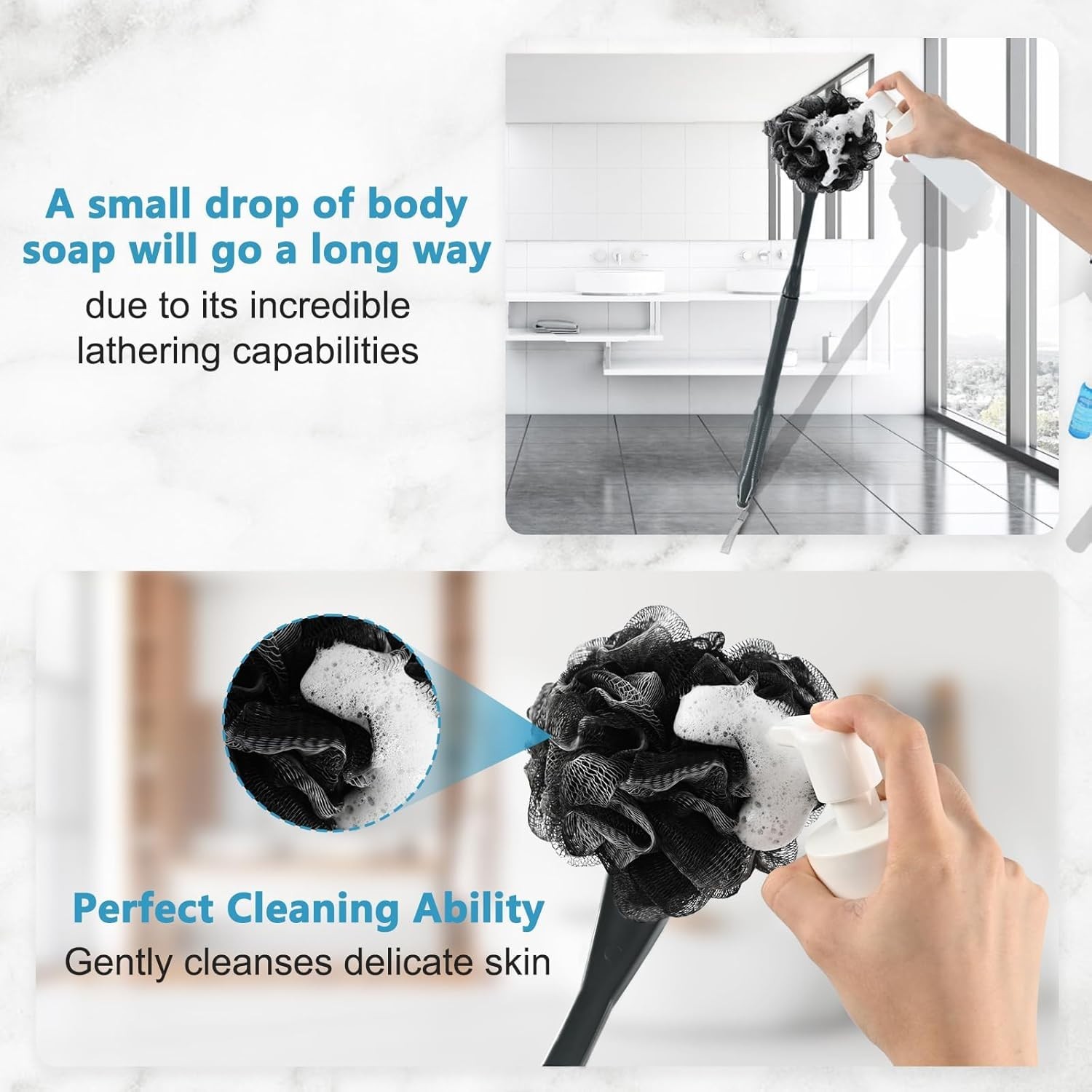 20.5″ Loofah with Handle Replaceable Shower Body Scrubber Dark Black Men