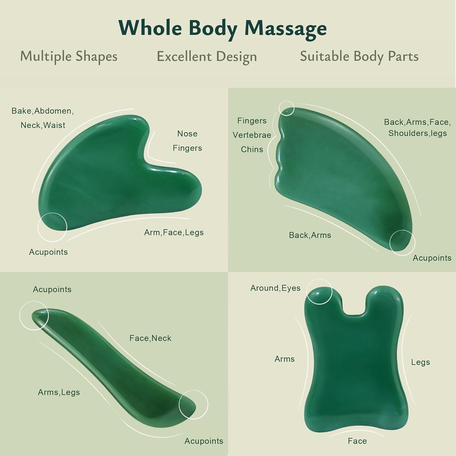Guasha 4 Pc Green Gua Sha Massage Tool Set Facial Body SPA Scraping Therapy Kit