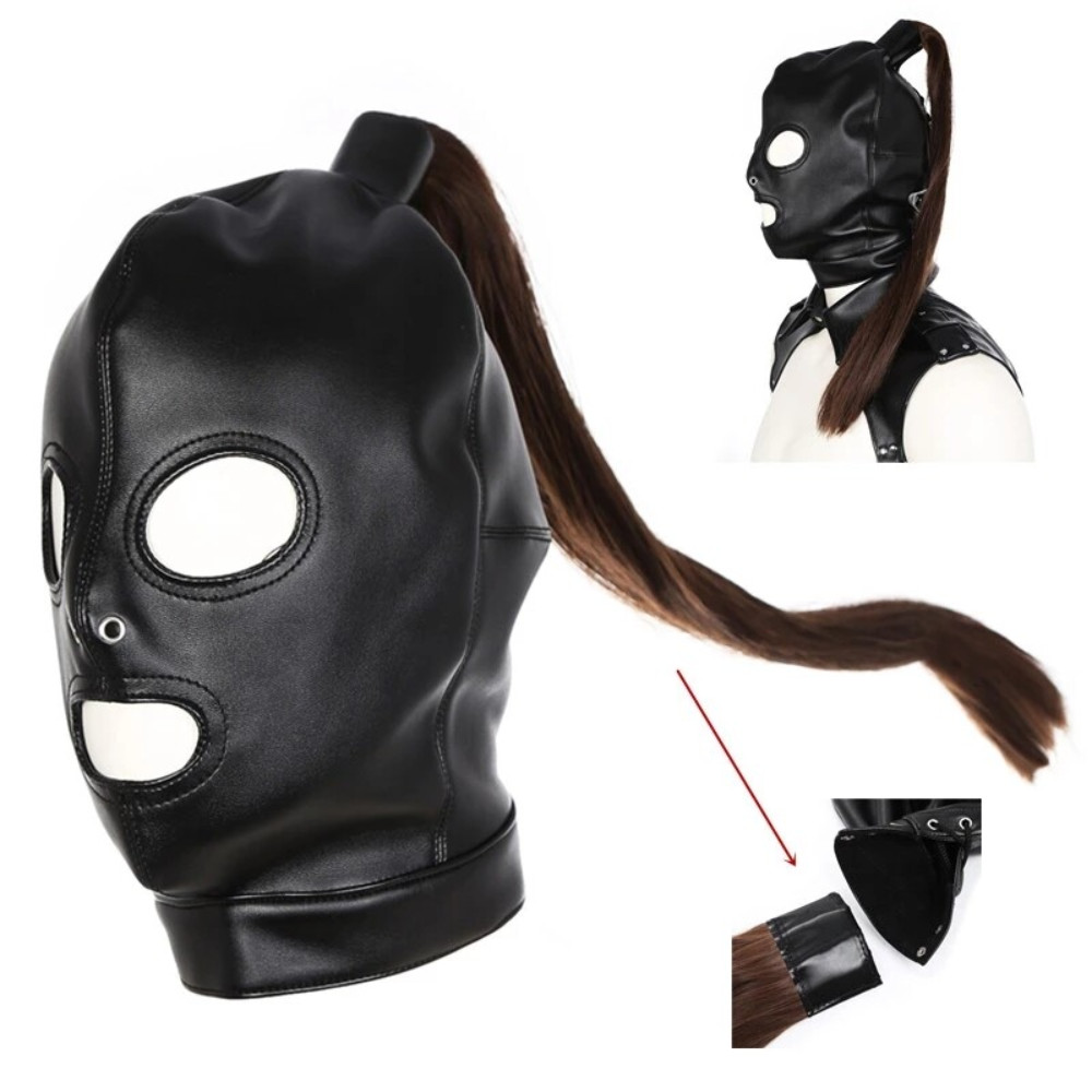 Adult Unisex PU Leather Gimp Head Harness Headgear Hood Party Mask Ponytail Wigs