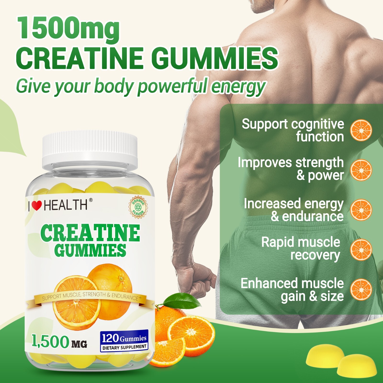 2 Pack Creatine Gummies 1500mg per Serving, Support Muscle Gain, More Strength