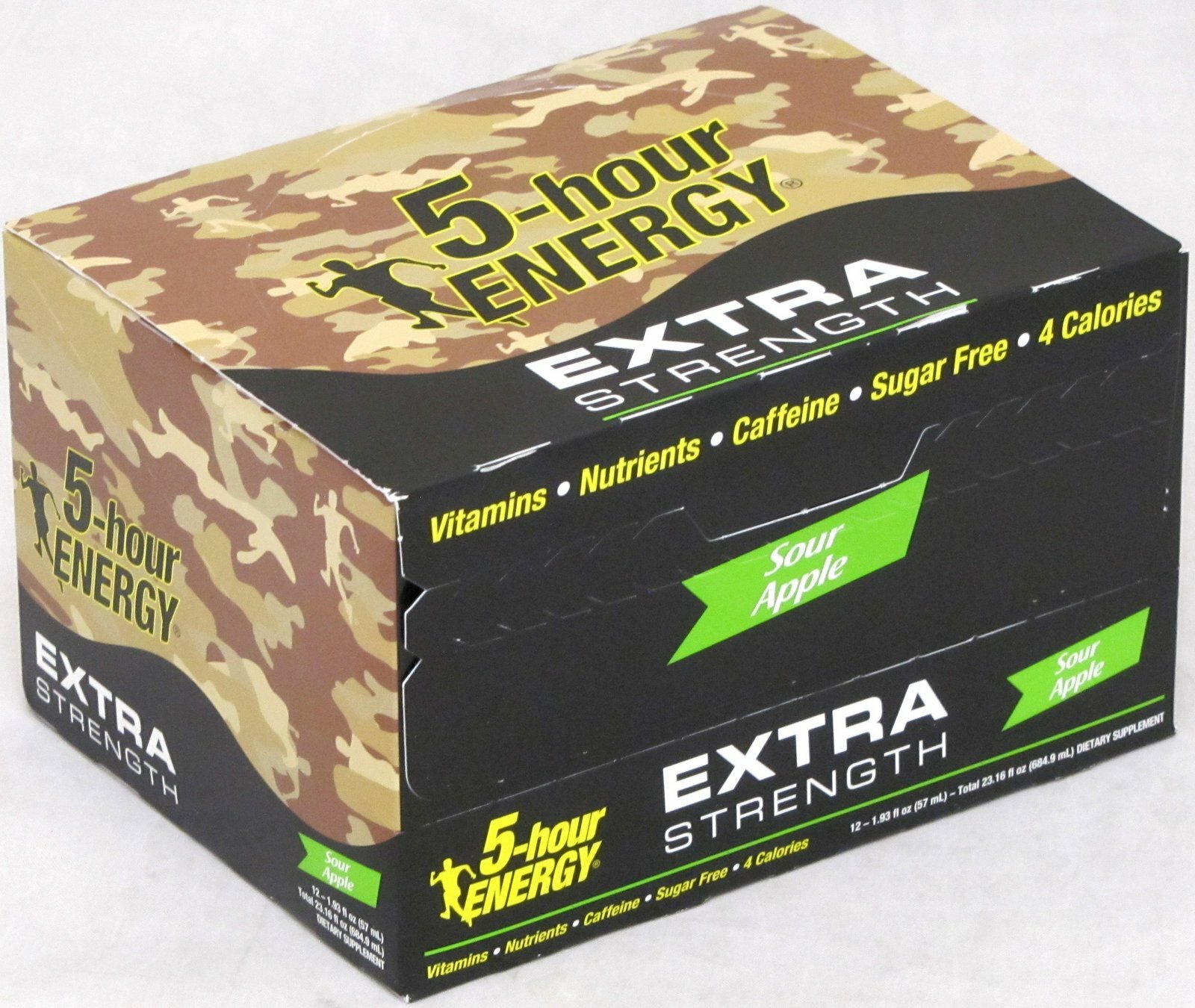 5 Hour Energy Extra Strength Sour Apple Camo 12 Count Box 1.93 oz Shots Hr Five