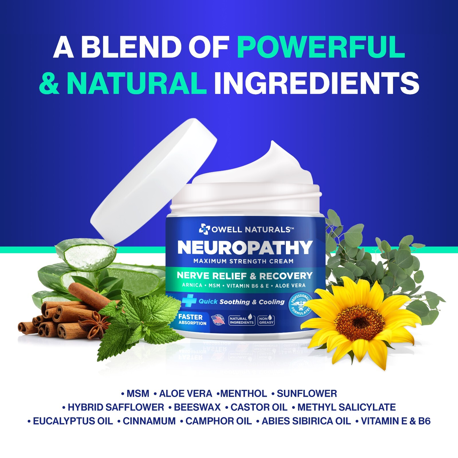 OWELL NATURALS Neuropathy Nerve Pain Relief Cream for Feet, Leg, Max Strenght