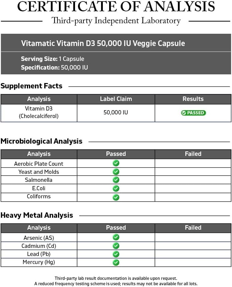 Vitamatic Vitamin D3 50,000 IU (as Cholecalciferol), Once Weekly Dose, 1250 mcg,