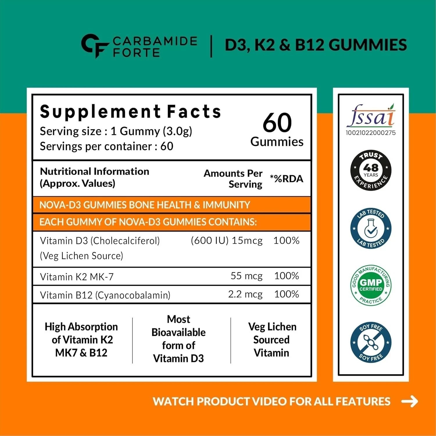Carbamide Forte Vitamin D3 K2 MK7 & B12 Gummies Mango Flavour 60 Gummies