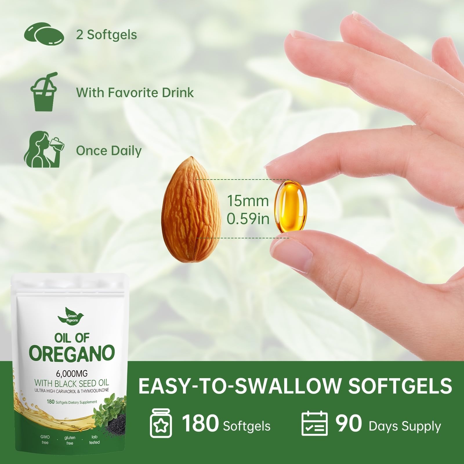 Green Pigeons Oil of Oregano with Black Seed Oil, 180 Count Capsules
