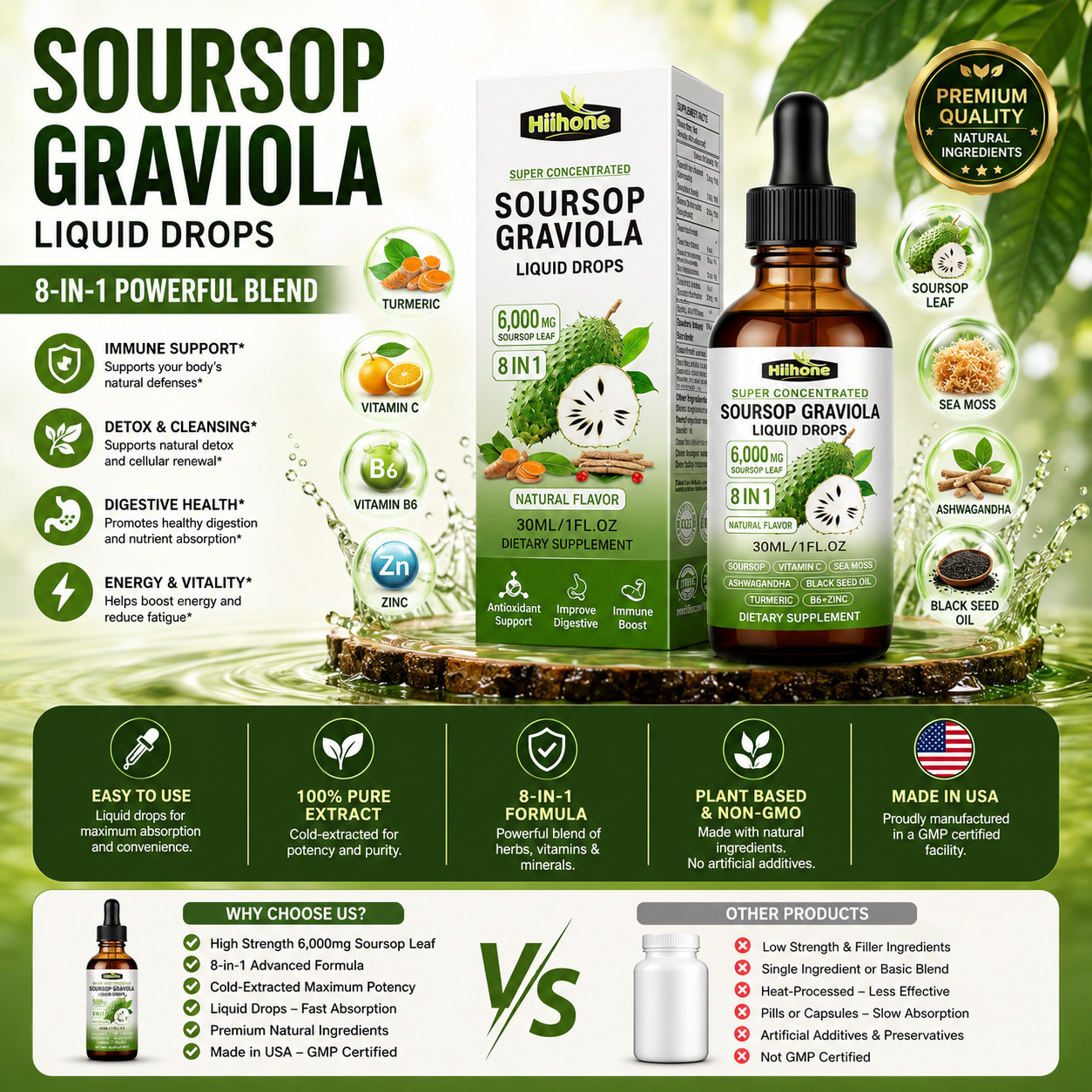 2 Pack Soursop Graviola Liquid Drops 8 in 1 Sea Moss Black Seed Ashwagandha