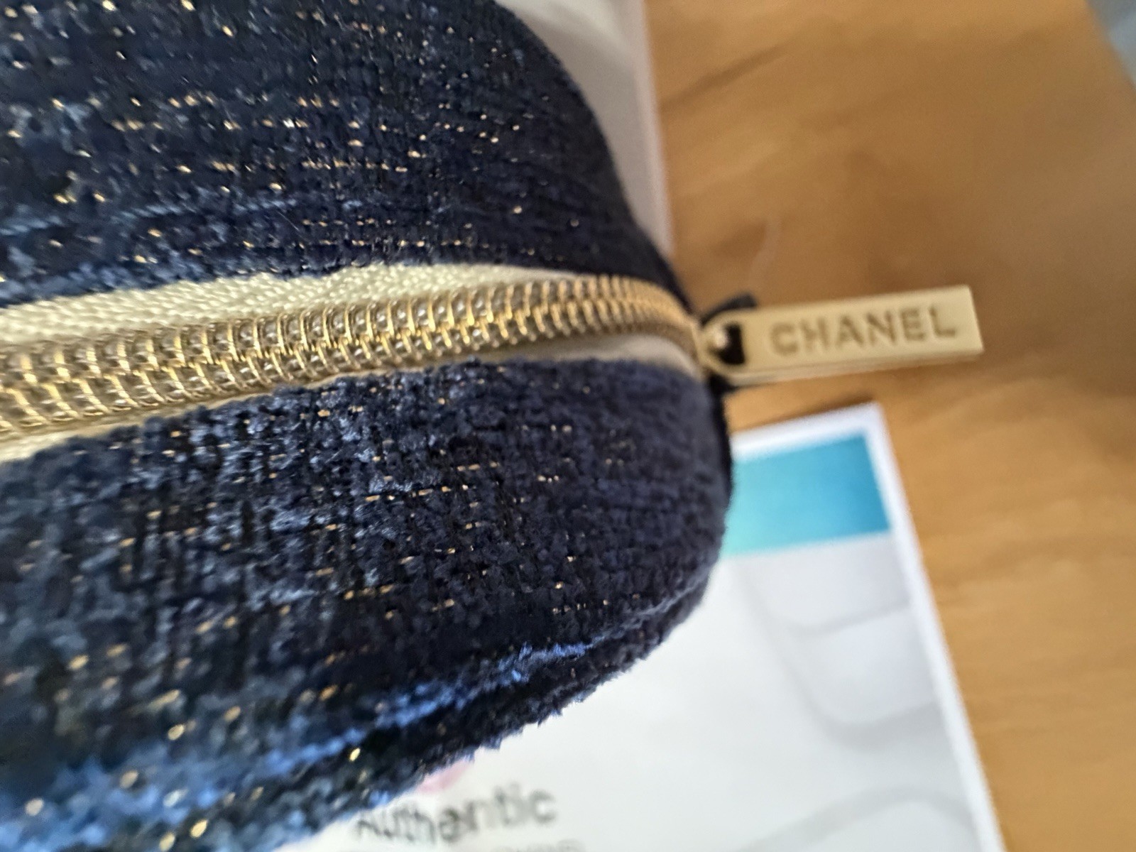 CHANEL Beauty Blue Denim Tweed Cosmetic Makeup Pouch Bag Gold Logo Authenticate