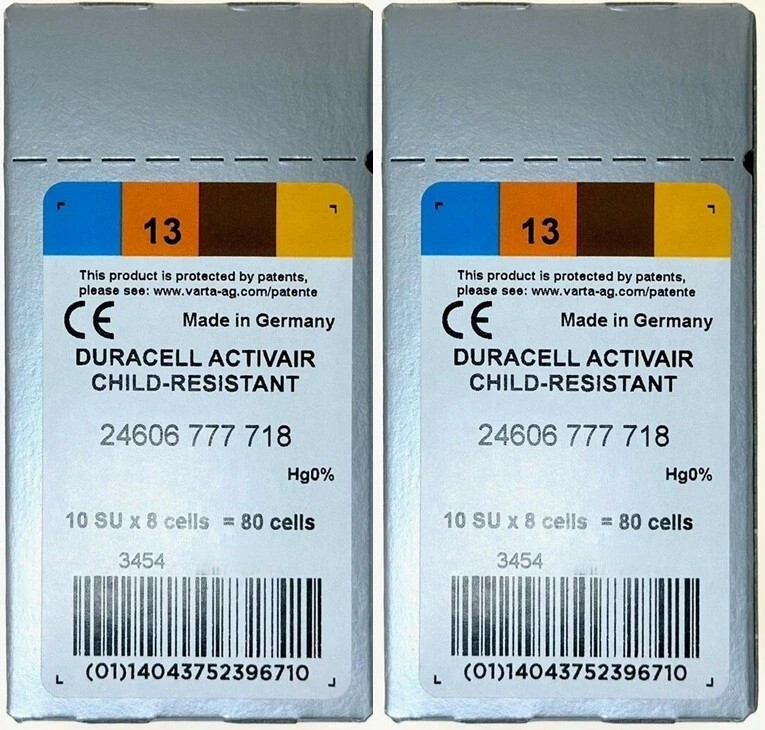 Duracell Activair Mercury Free Hearing Aid Batteries Size 13 (8-160) Exp 2029