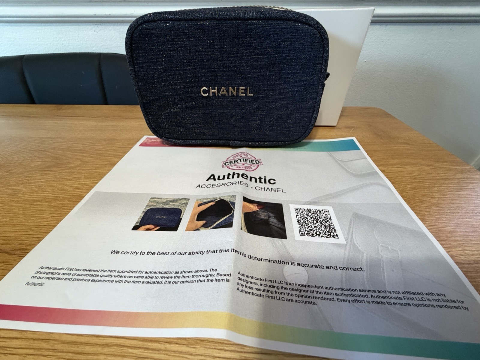 CHANEL Beauty Blue Denim Tweed Cosmetic Makeup Pouch Bag Gold Logo Authenticate