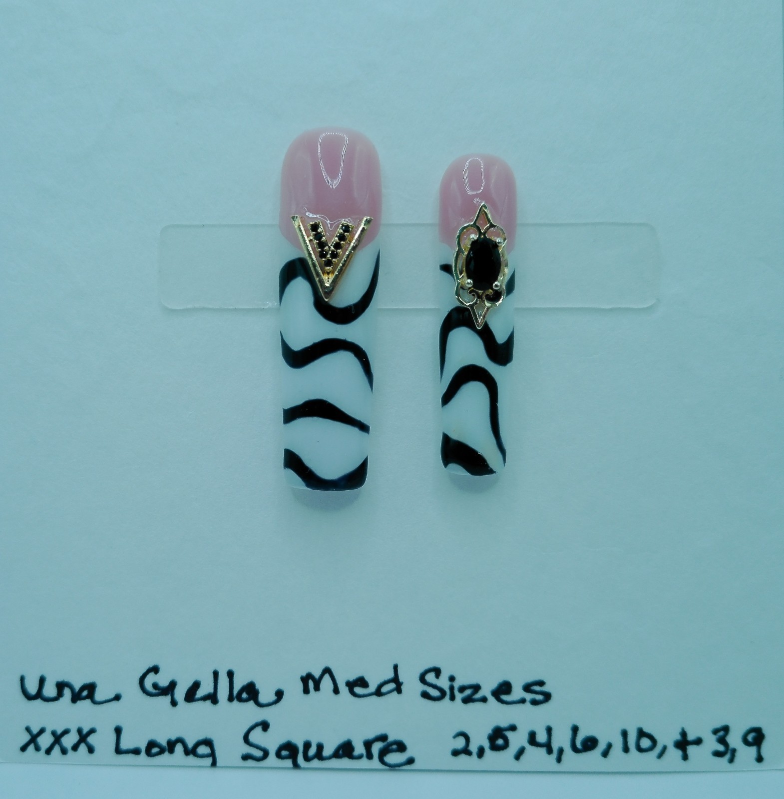 XXX Long Square Press-On Nails, Medium Size Black and White French, Luxury Gems