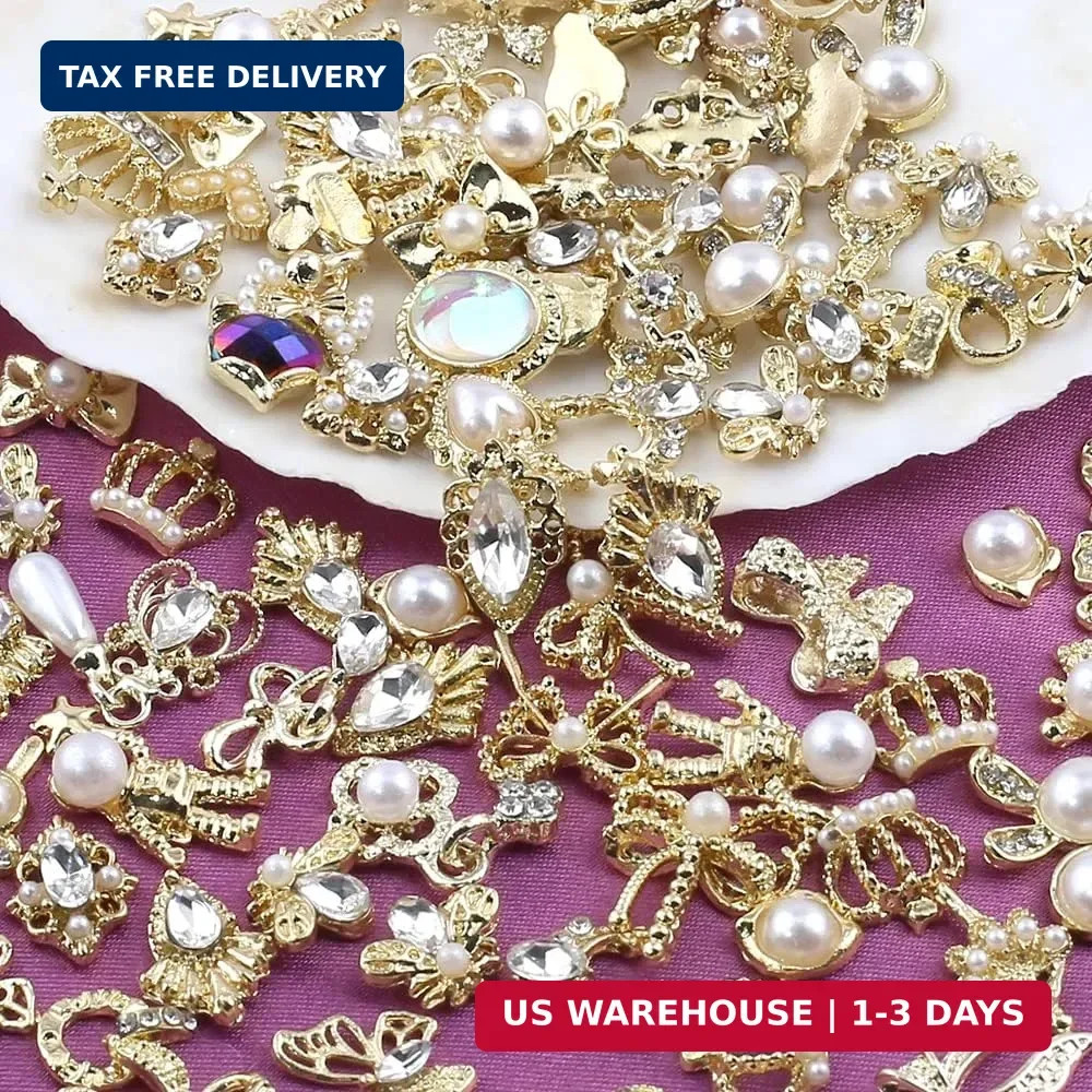 50pcs Random Gold Nail Charms Luxury Nail Rhinestones Nail Gems 3D Alloy Flower
