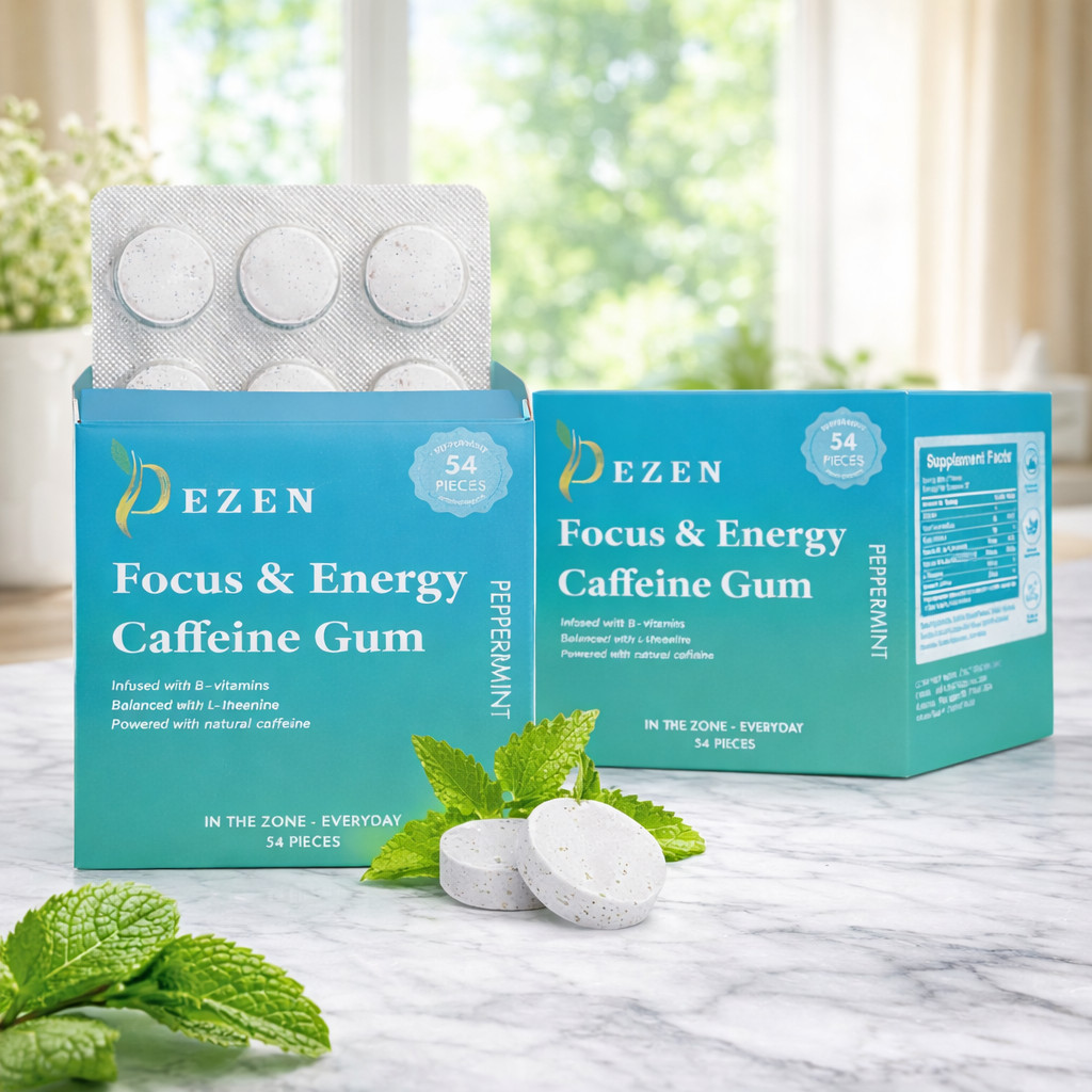 DEZEN Caffeine Gum 54 Pcs Peppermint Energy Mint Focus Boost