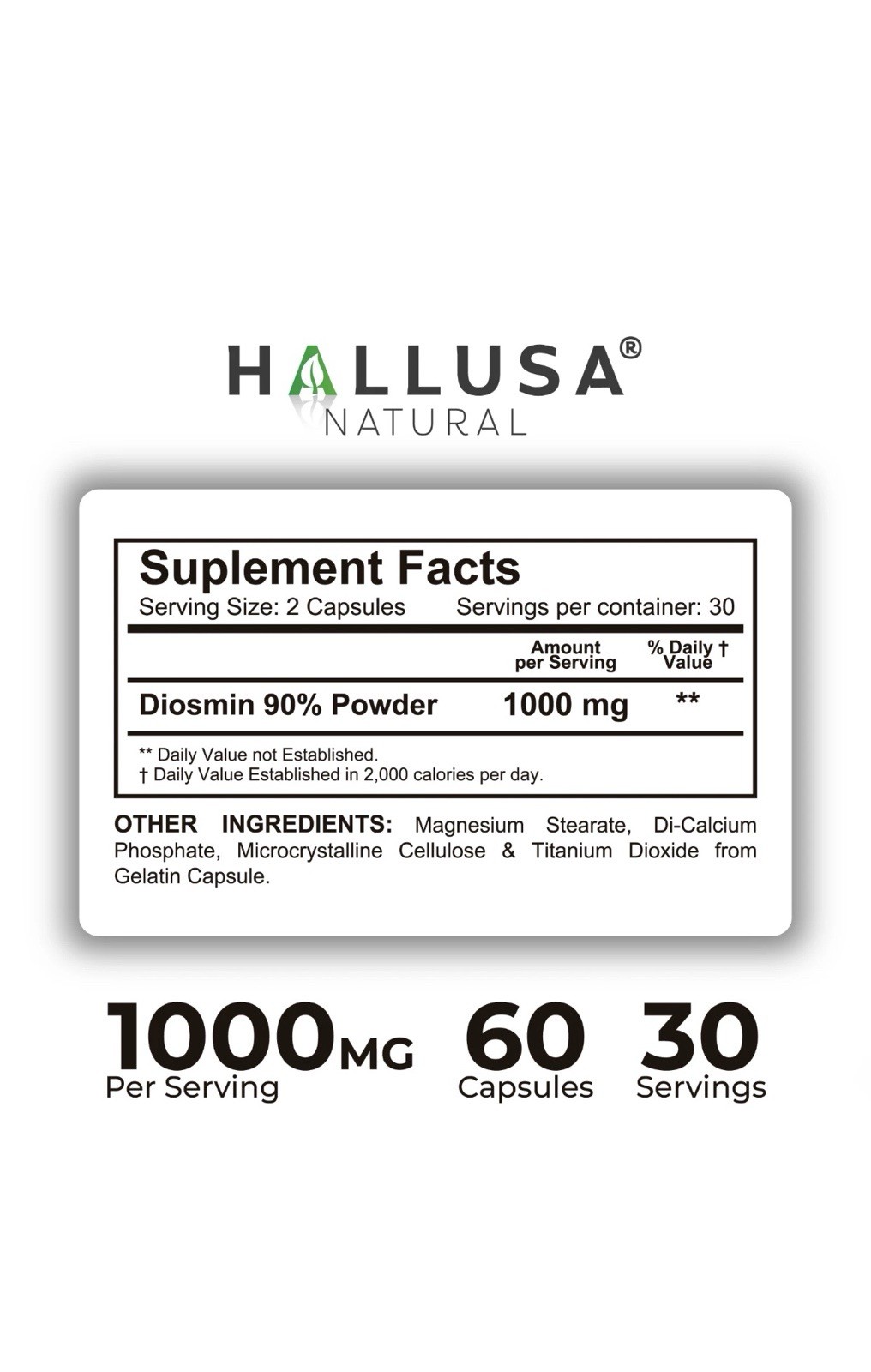Hallusa Natural Hallosmine Advance 1000mg Diosmin 60 ct + FREE Leg Cream 4 oz