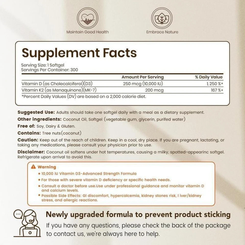 VEV Corefeel Vitamin D3 K2 10,000 IU, 200 mcg MK-7, 300 Coconut Oil Softgels