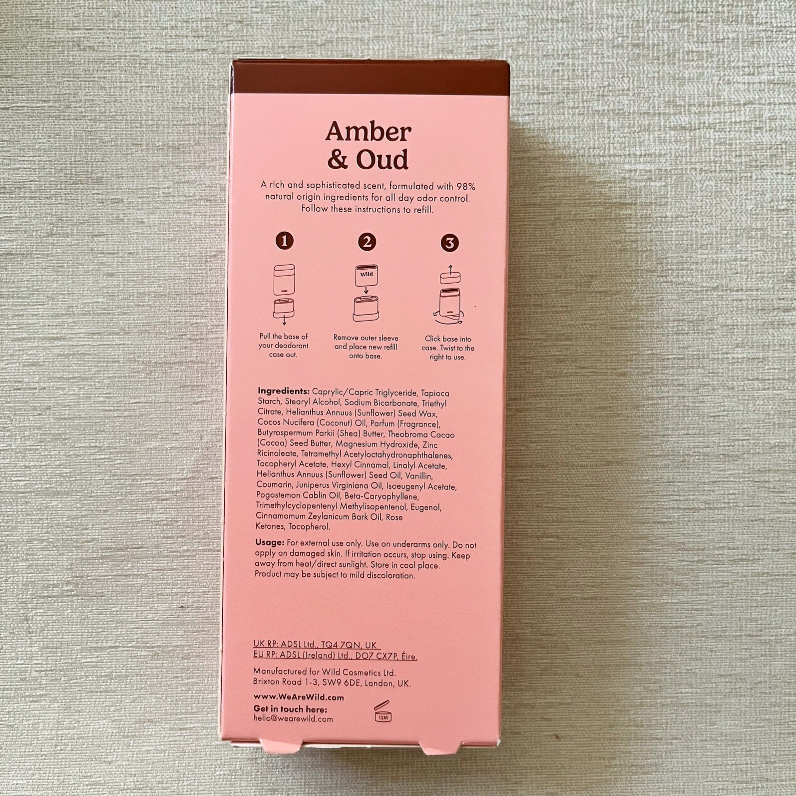 Wild Cosmetics Amber & Oud Refillable Deodorant & Green Case New in BOX SEALED