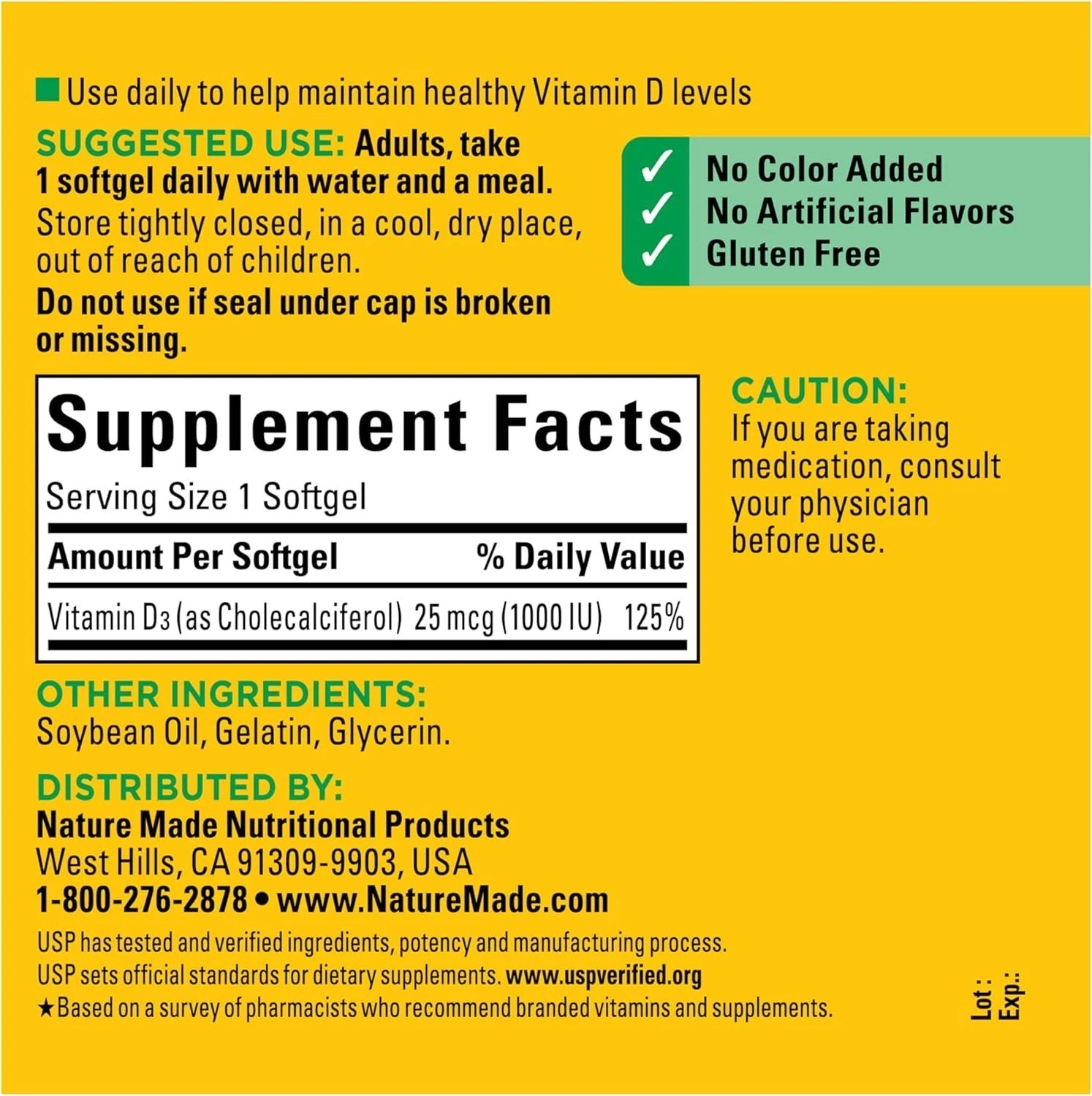 Nature Made Vitamin D3 1000 IU (25 Mcg), Vitamin D Supplement for Bone, Teeth, M