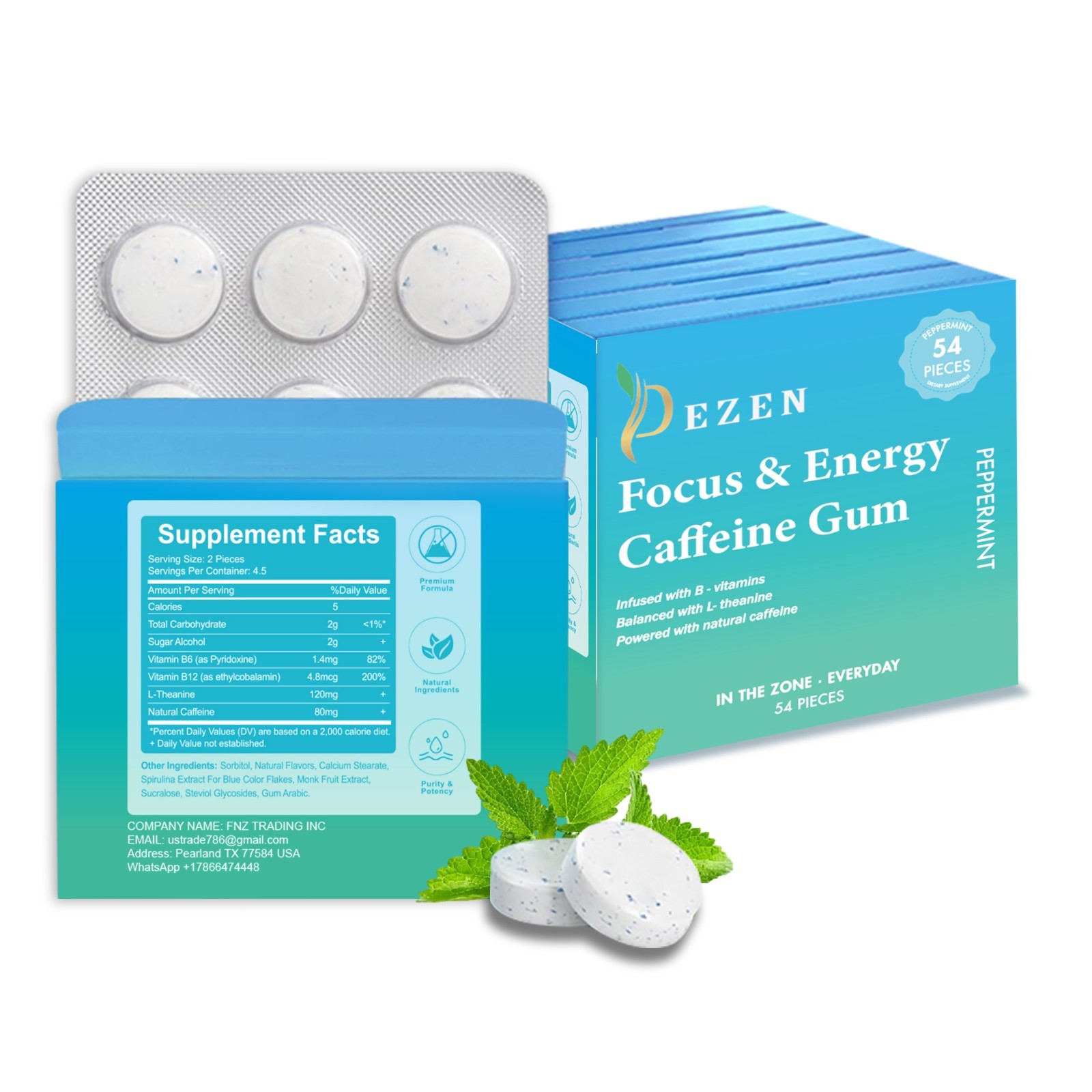 DEZEN Energy Caffeine Gum (54 Pieces) – Sugar Free with L-theanine + Caffeine