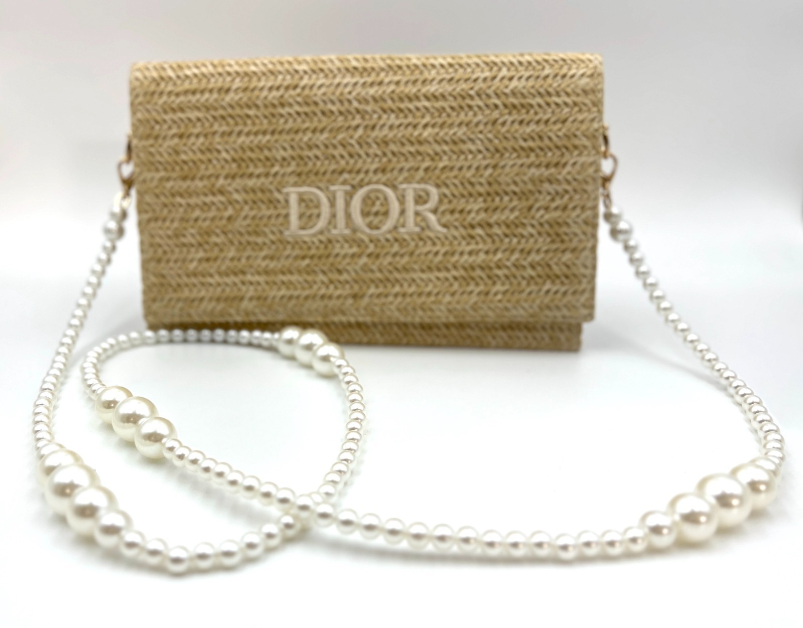Christian Dior Straw Raffia Woven Cosmetic Zipper Bag Pouch with Chain With Box