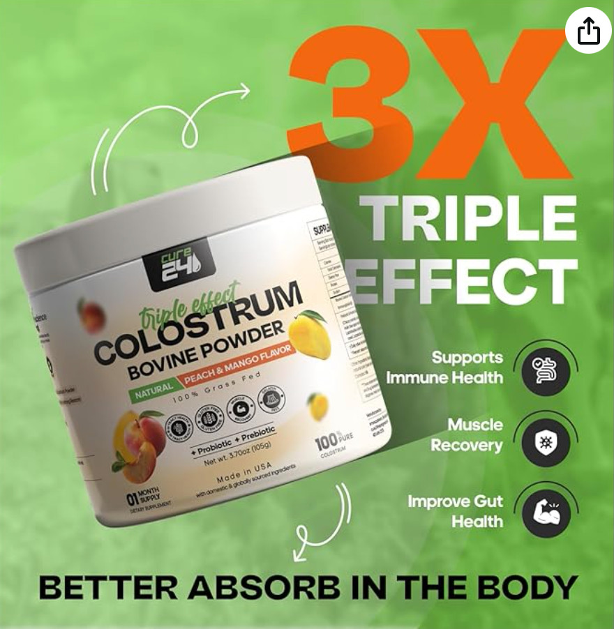 Bovine Colostrum X3 Supplement Powder for Humans, 100% Pure Whole Natural Grass