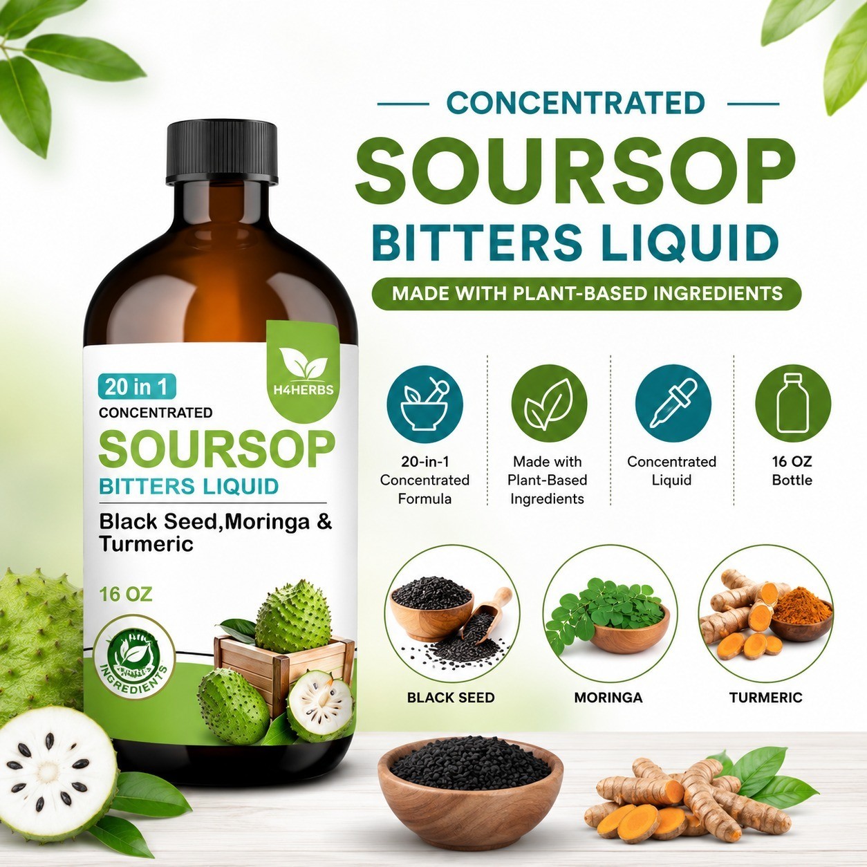 Soursop Bitters Liquid 20-in-1 Herbal Blend Vegan Sugar Free 16 oz – Pack of 2