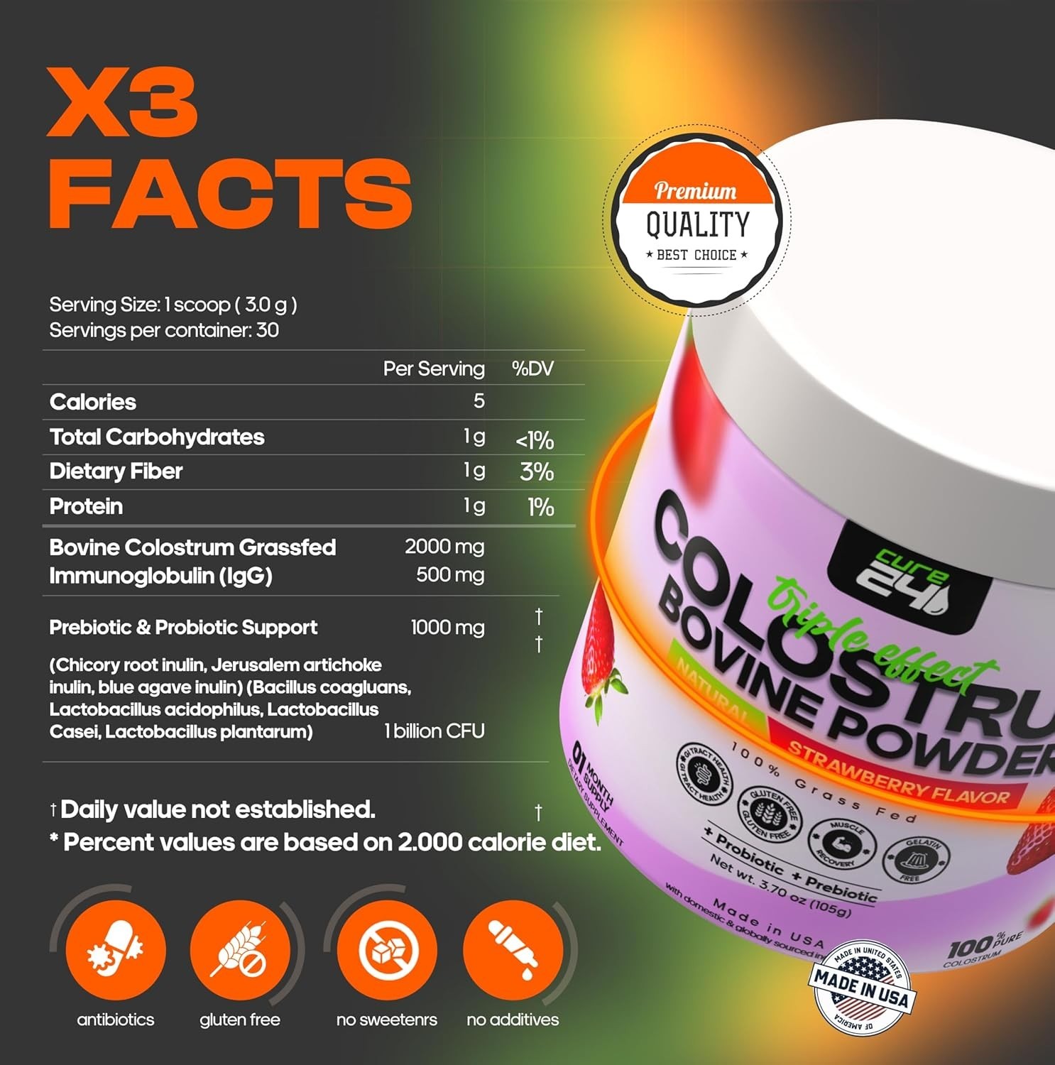 Bovine X3 Colostrum Supplement Powder for Humans, 100% Pure Whole Natural Grass