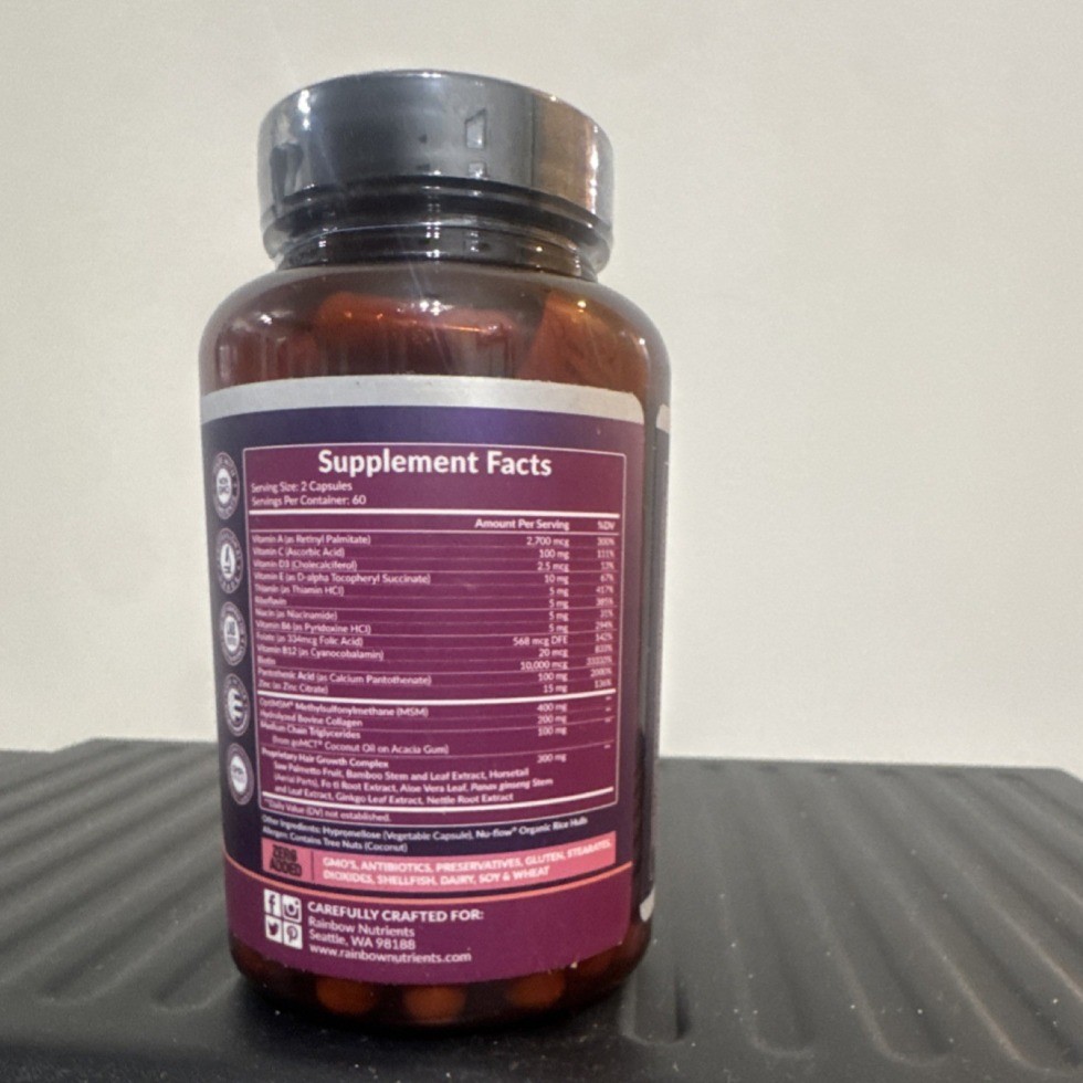 Rainbow Nutrients Hair Growth 120 Caps, Biotin 10000mcg Collagen Anti Hair Loss